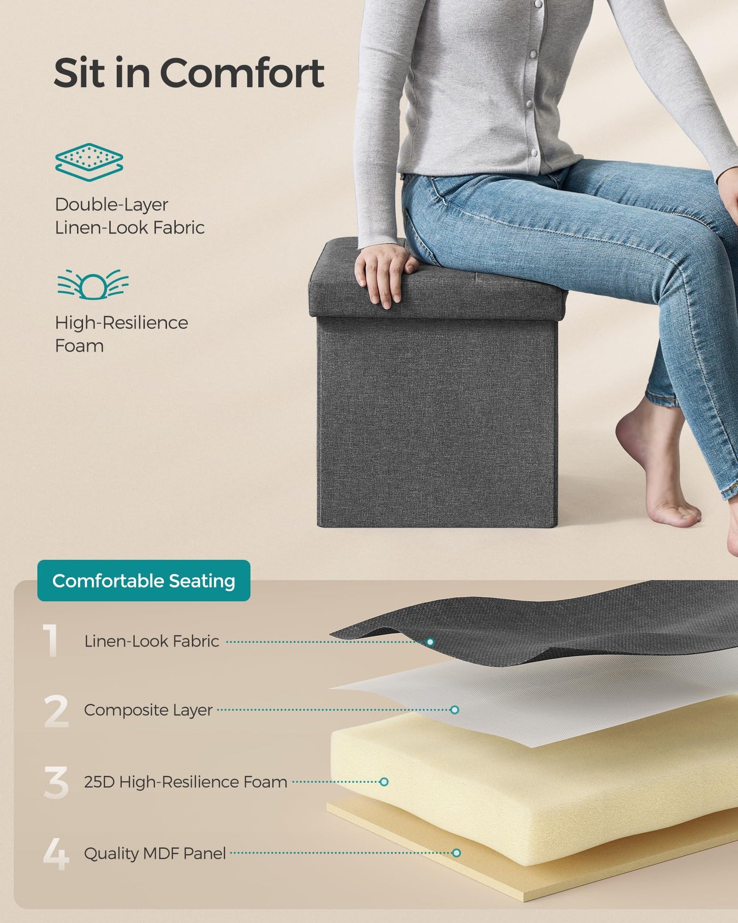 SONGMICS MAZIE Collection - 43 Inches Folding Storage Ottoman Bench, Ottoman Foot Rest, End of Bed Bench, Storage Chest, Load 660 lb, for Living Room, Bedroom, Entryway, Midnight Blue ULSF77IN