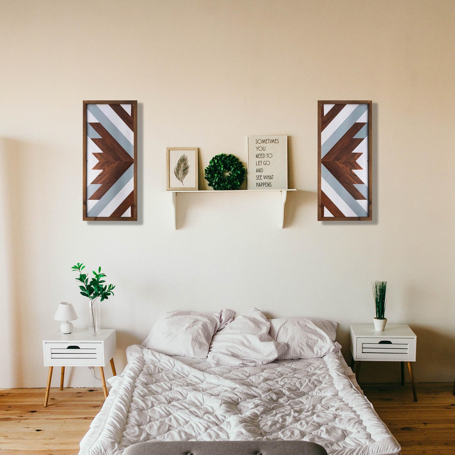 2 Pcs Western Aztec Wall Decor With Wood Framed, 20.9x9.8 Inch Wooden Southwestern Boho Wall Art, Native American Living Room Bedroom Guest Bathroom Rustic Decorations for Home