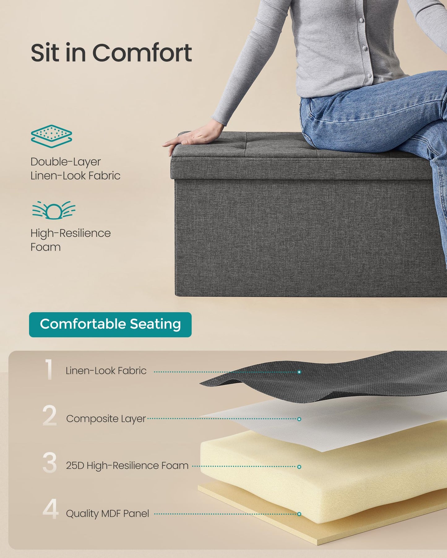 SONGMICS MAZIE Collection - 43 Inches Folding Storage Ottoman Bench, Ottoman Foot Rest, End of Bed Bench, Storage Chest, Load 660 lb, for Living Room, Bedroom, Entryway, Midnight Blue ULSF77IN