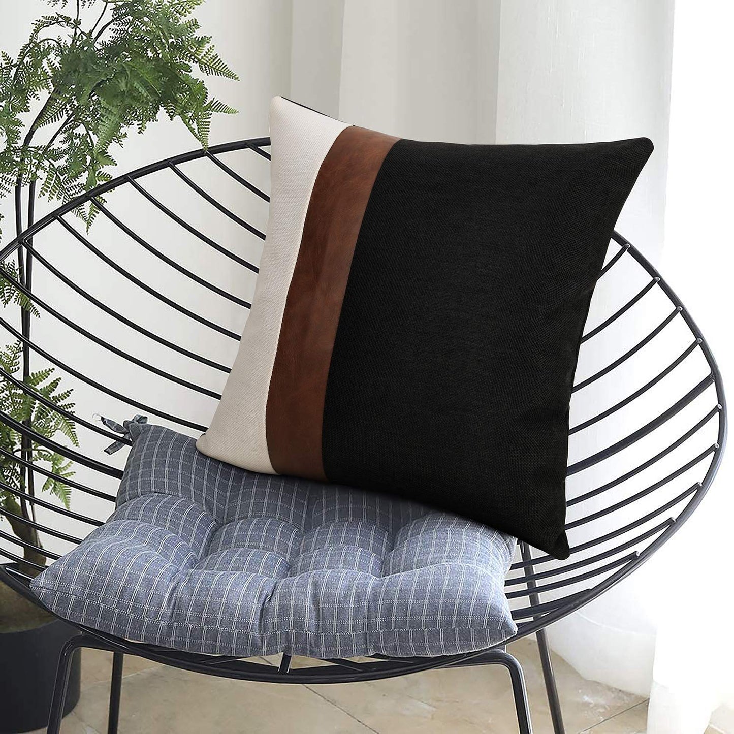 cygnus Set of 2 Faux Leather and Linen Throw Pillow Covers 18x18 Inch Black and White Modern Decorative Accent Cover