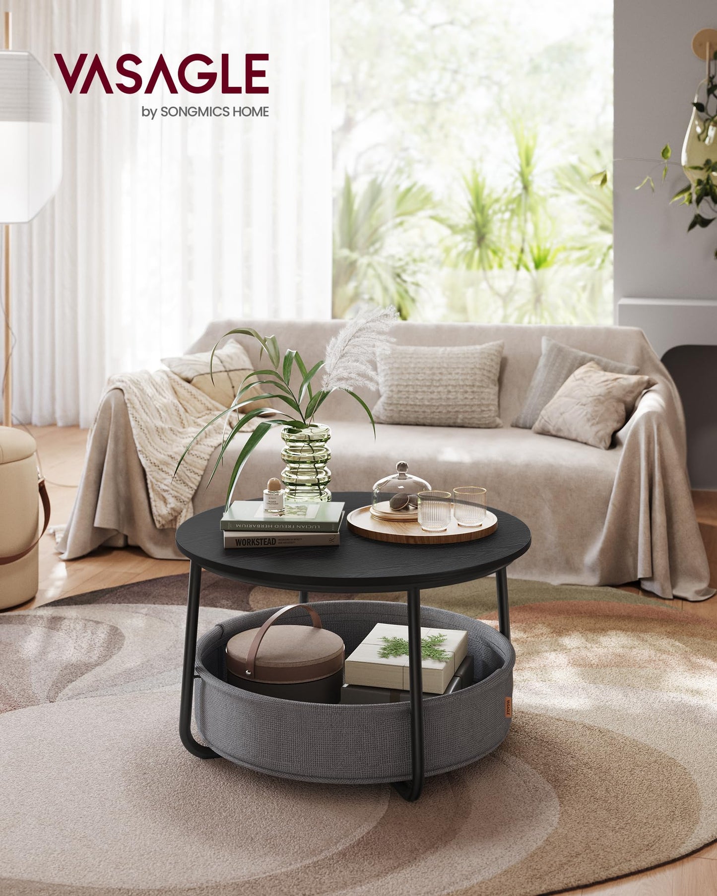 VASAGLE Coffee Table with Storage, Round Center Table for Living Room with Fabric Basket, Modern Style, Metal Frame, Ink Black and Slate Gray ULCT244B56