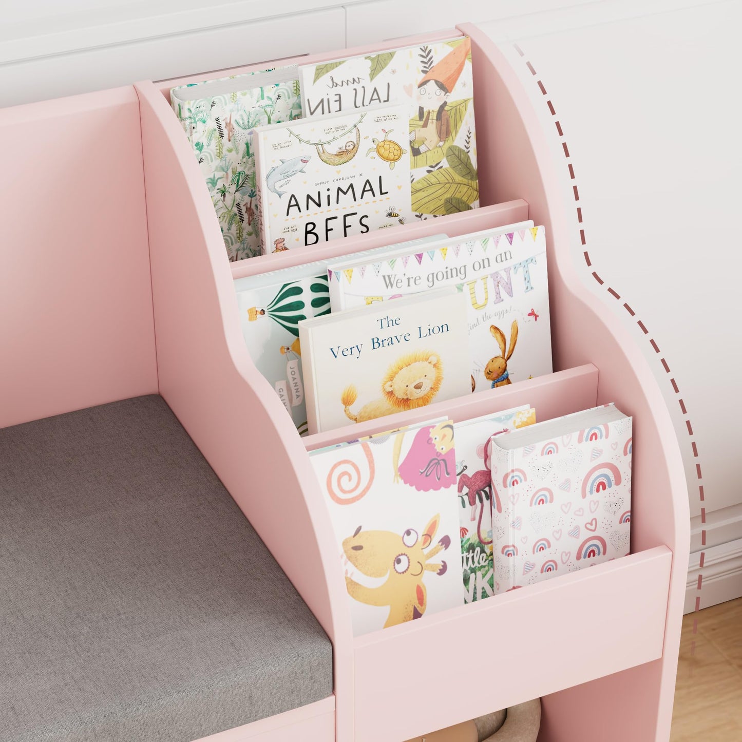 HOUSUIT 55" Kids Bookshelf with Reading Nook, Bookcase with Seat Cushion and Storage Cubbies, Kids Reading Nook with Adjustable Shelf, Toy Organizers and Storage with Bench for Playroom, White