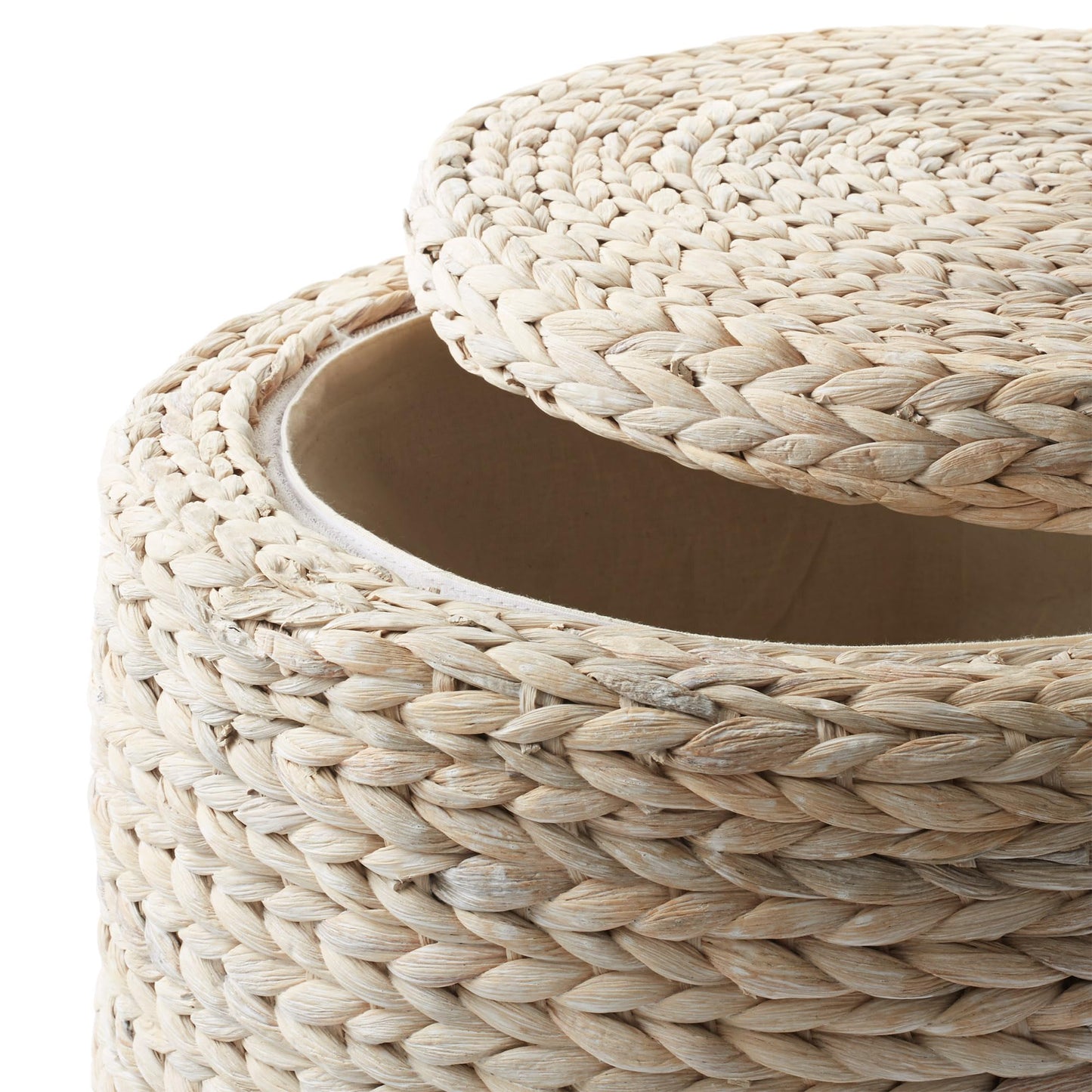 Round Storage Ottoman with Lid - Whitewash, Handwoven Water Hyacinth Footstool for Living Room, Bedroom