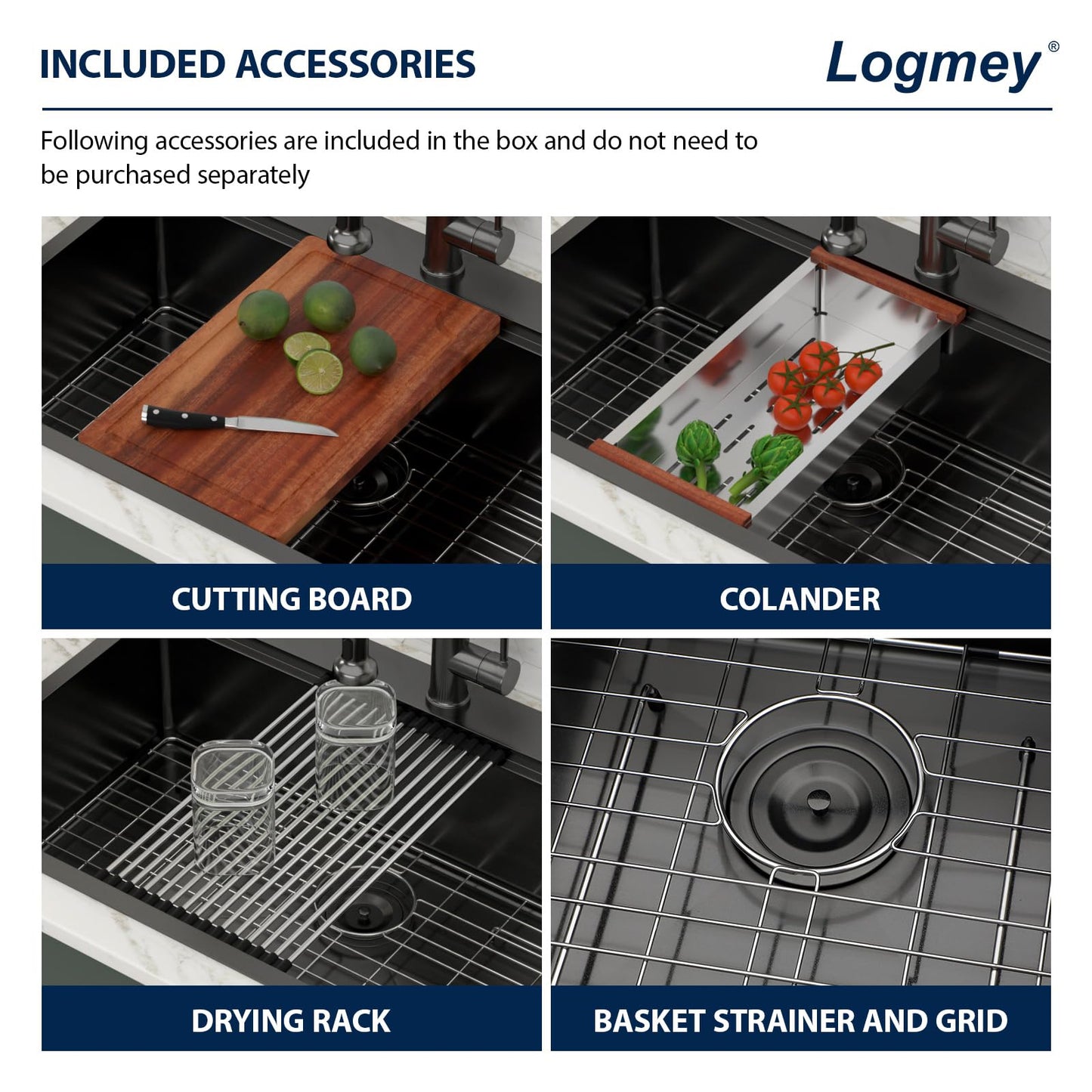 Logmey 33x22 Drop In Kitchen Sink Workstation Black Kitchen Sink SUS304 16 Gauge Stainless Steel Single Bowl Top Mount Gunmetal Black Stainless Steel Sinks