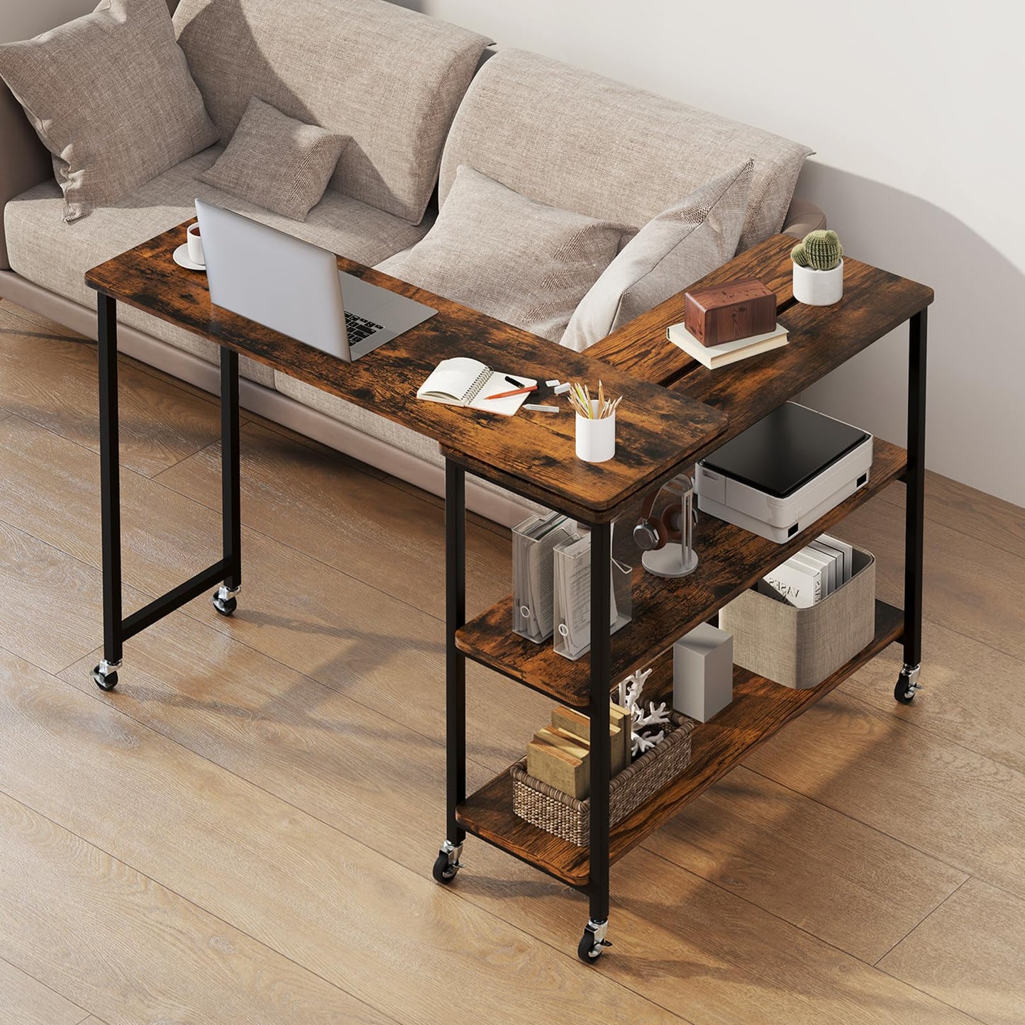 Tangkula 360° Rotating Sofa Side Table, Patented Mobile End Table with 2-Tier Storage Shelves, Swivel Rolling Desk with 6 Lockable Casters
