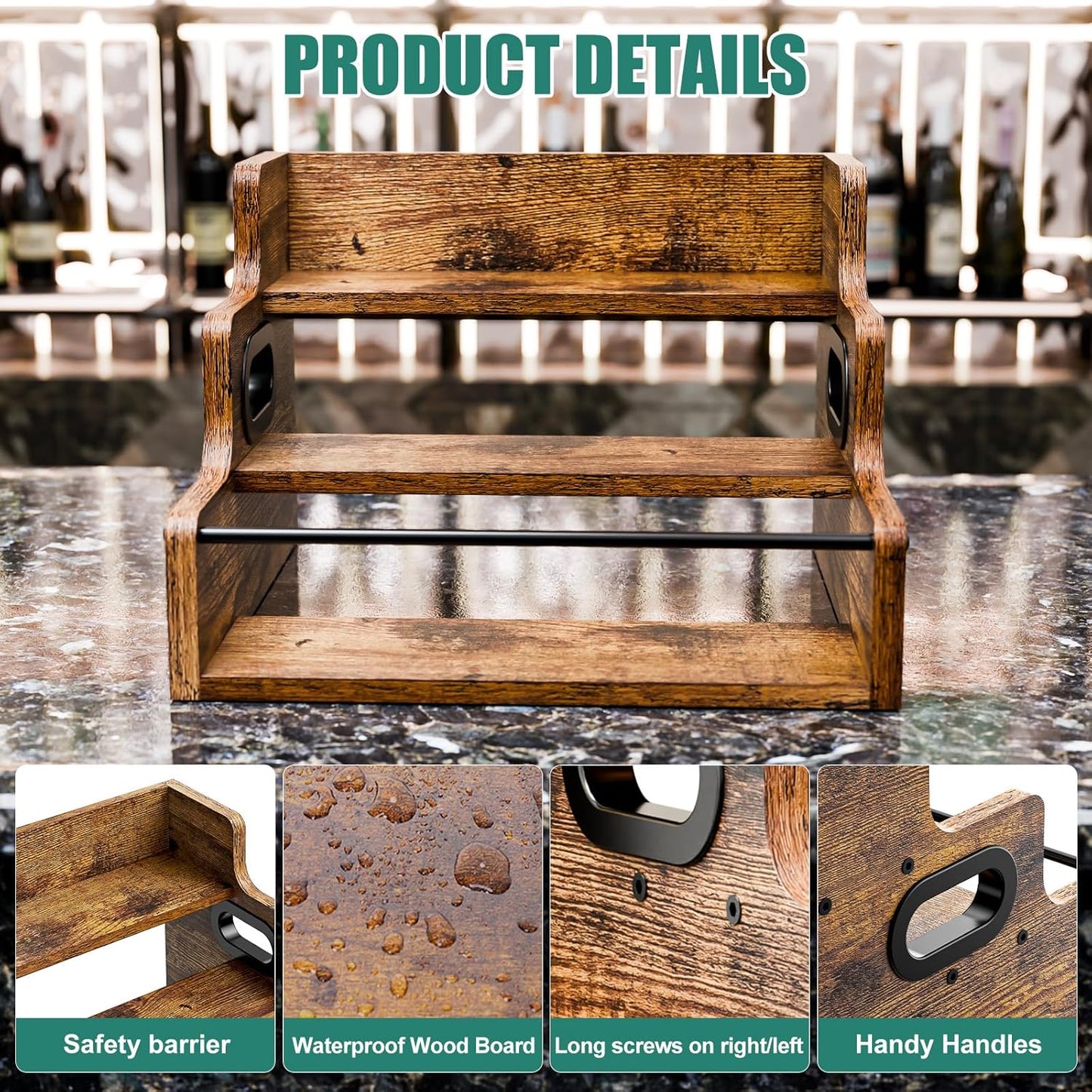 KLM Liquor Bottle Display Shelf, Coffee Syrup Rack Organizer, 3 Step Countertop Wine Rack, Mini Bar