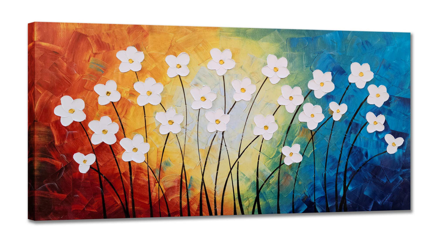 Yihui Arts White Flower Canvas Wall Art Hand Painted 3D Colorful Oil Painting Modern Aestheric Pictures for Living Room Bedroom Dinning Decoration