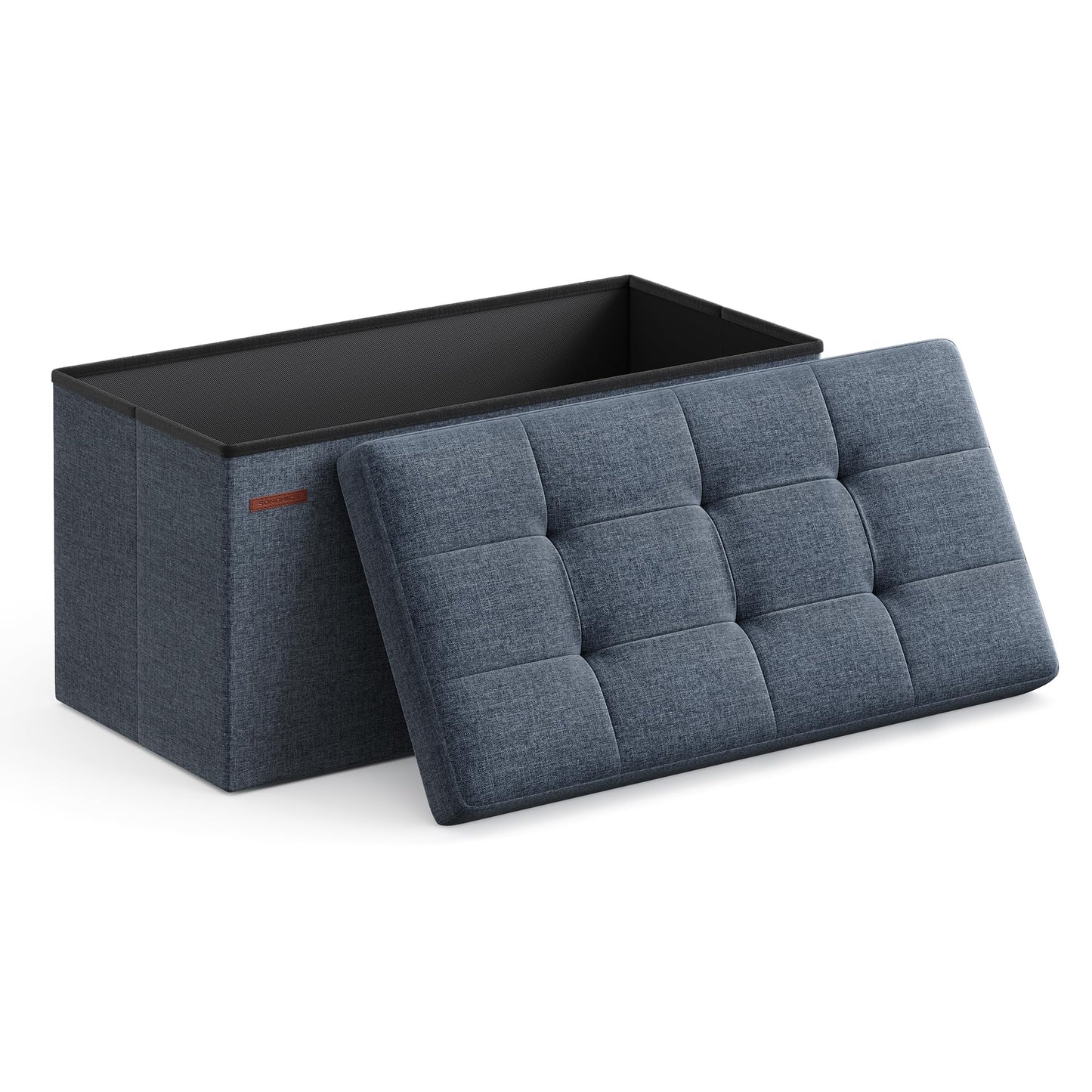 SONGMICS MAZIE Collection - 43 Inches Folding Storage Ottoman Bench, Ottoman Foot Rest, End of Bed Bench, Storage Chest, Load 660 lb, for Living Room, Bedroom, Entryway, Midnight Blue ULSF77IN