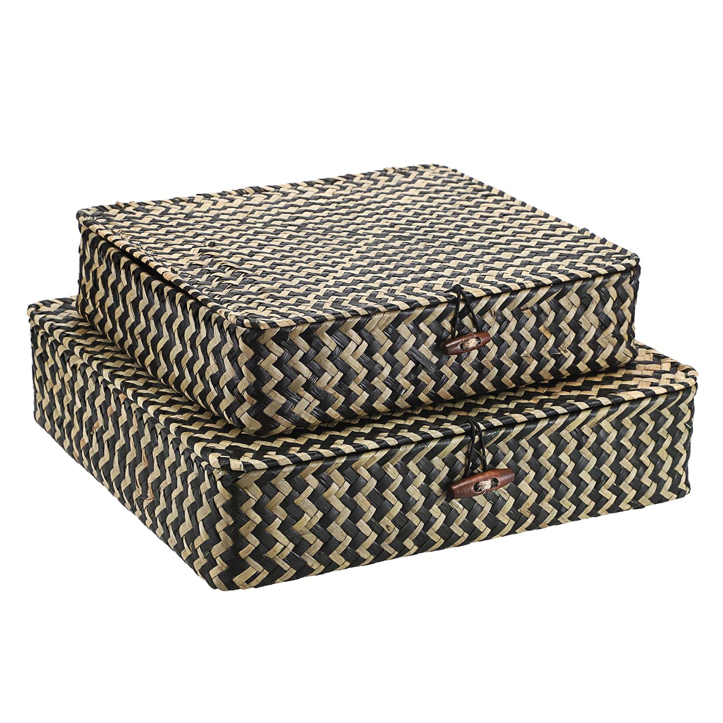 Hipiwe Set of 2 Flat Woven Wicker Storage Bins with Lid Natural Seagrass Basket Multipurpose Home Boxes for Shelf Organizer (Coffee)