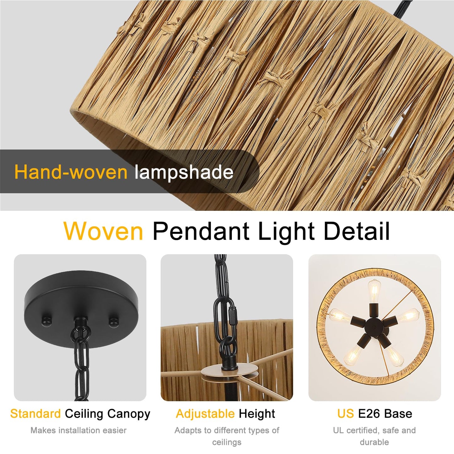 Rattan Pendant Lights, Large Wicker Chandelier Hand-Woven Boho Pendant Light Rattan Basket Hanging Light