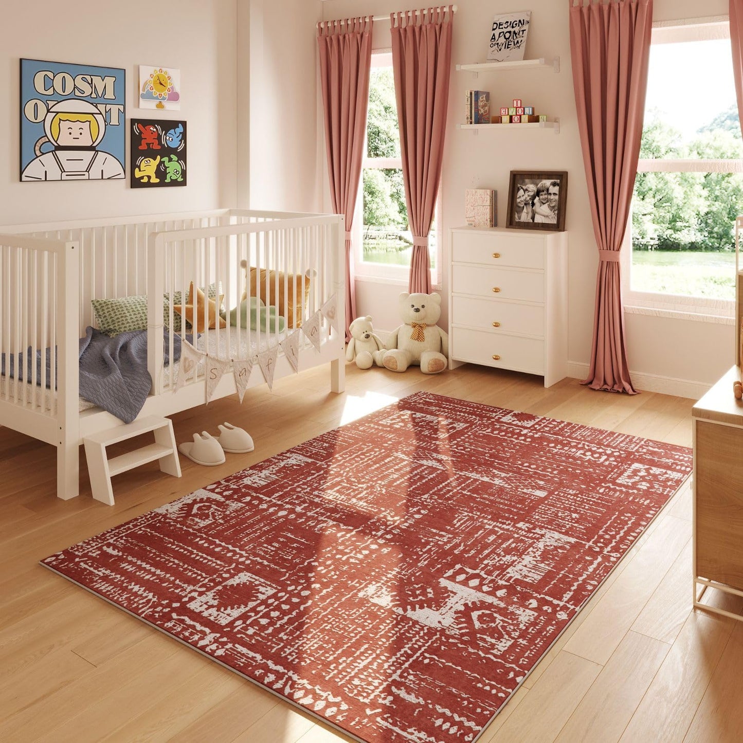 Washable Rug Boho Soft Abstract Pattern Non-Slip Area Rug 5x7 Non-Shedding Faux Wool Vintage