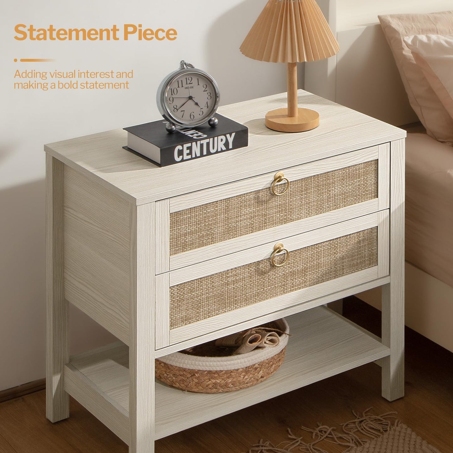 SICOTAS Night Stand Set of 2, Large Nightstand with Drawers and Storage Shelf - Rattan Boho Bedside Table Narrow Side Table for Bedroom, Small Space