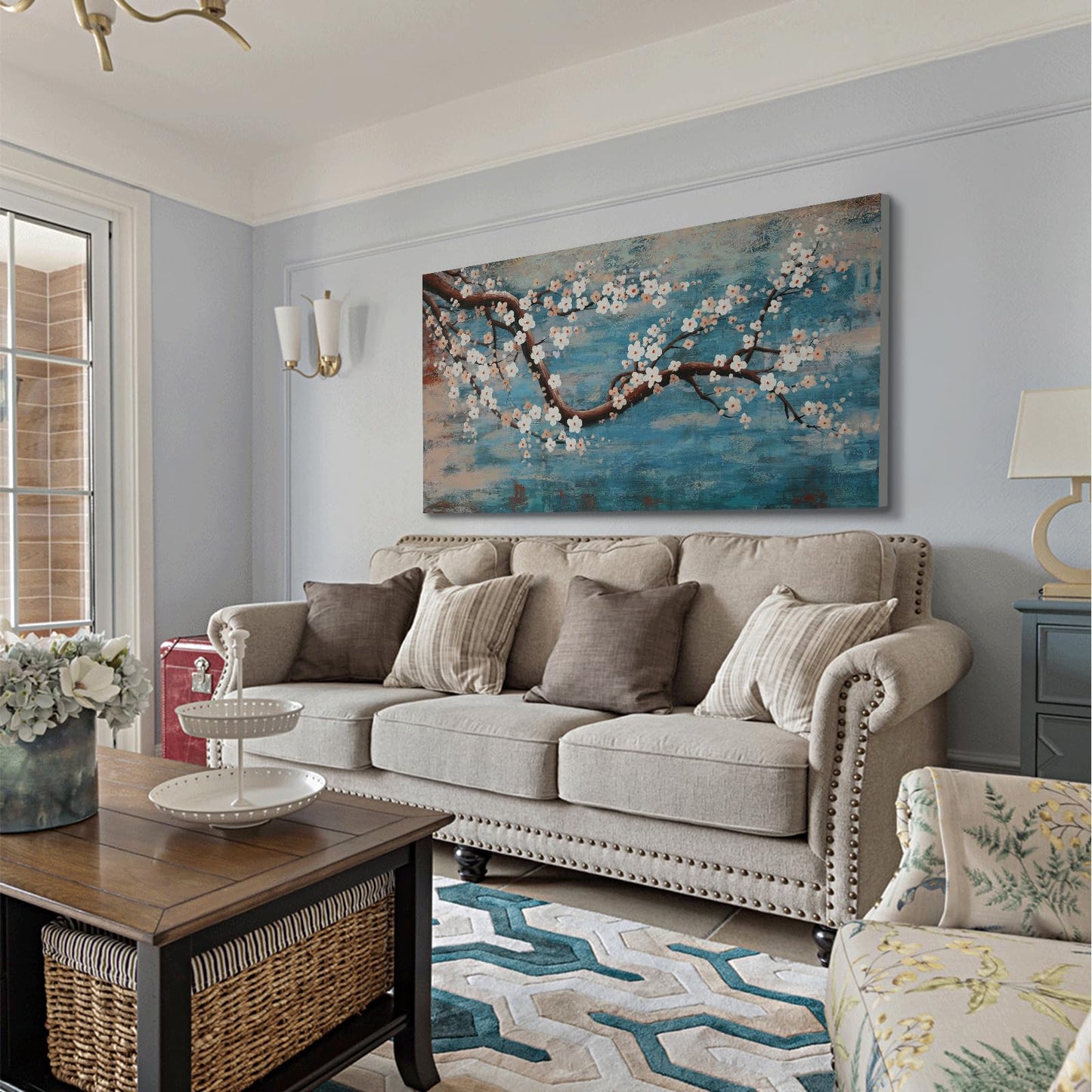 3 Piece Wall Art Hand-Painted Framed Flower Oil Painting On Canvas Gallery Wrapped Modern Floral Artwork for Living Room Bedroom Décor Teal Blue Lake Ready to Hang 12"x16"x3 panel
