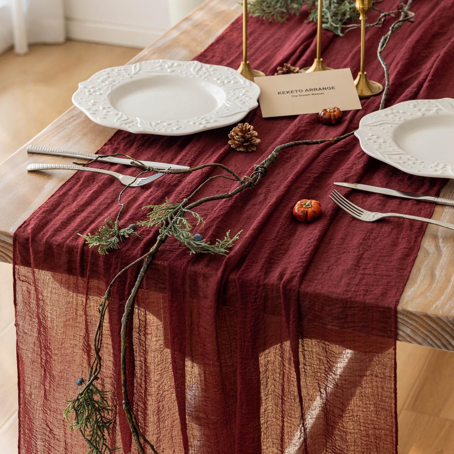 Keketo Fall Table Runner Terracotta Rust Gauze 120 Inch 10 FT Rustic Burnt Orange Cheese Cloth for Wedding Baby Bridal Shower Party Centerpiece Sheer Thanksgiving Fall Decorations
