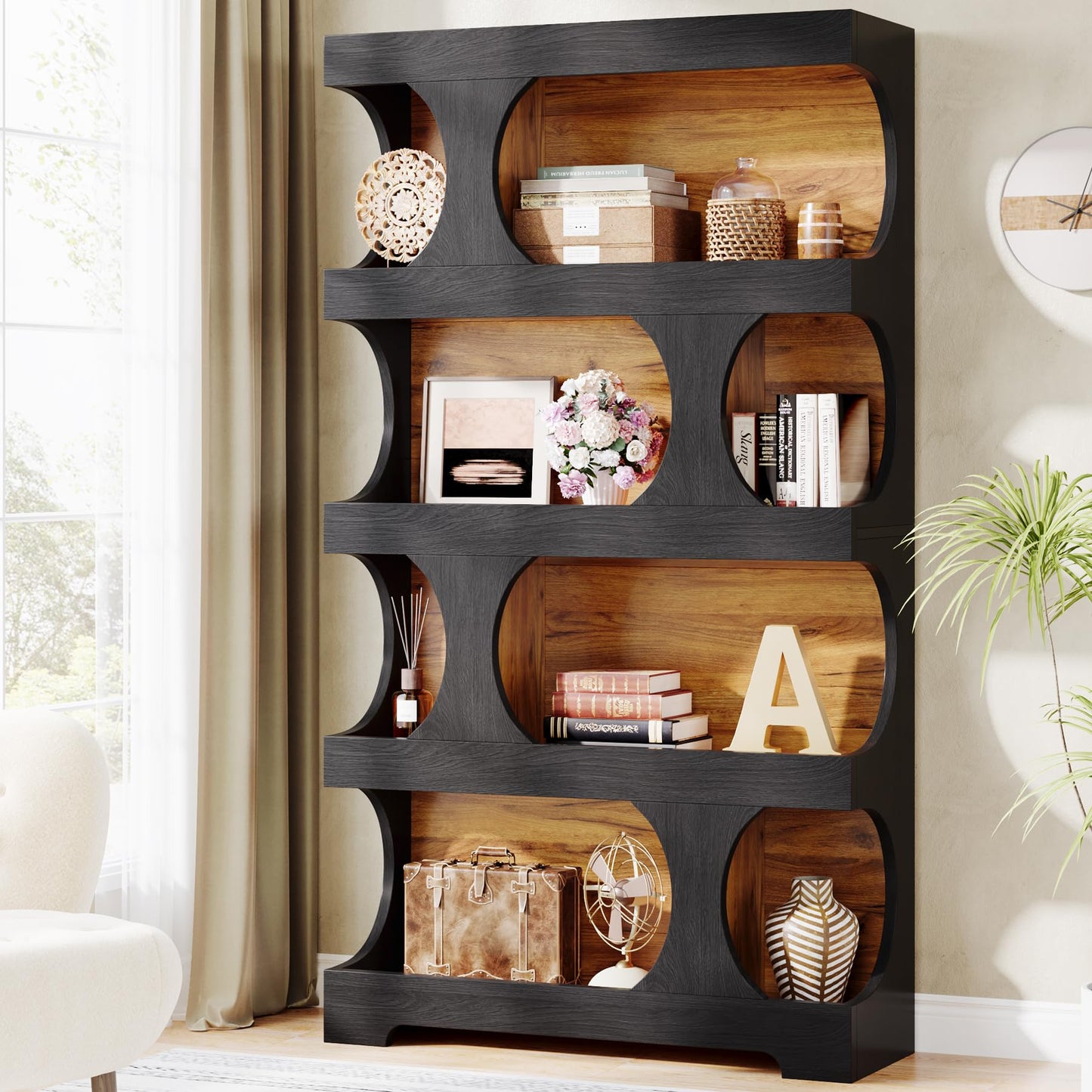 71"Tall Bookcase, 4-Tier S-Shaped Bookshelf, Wood Decorative Storage Shelving, Modern Freestanding Display Shelves
