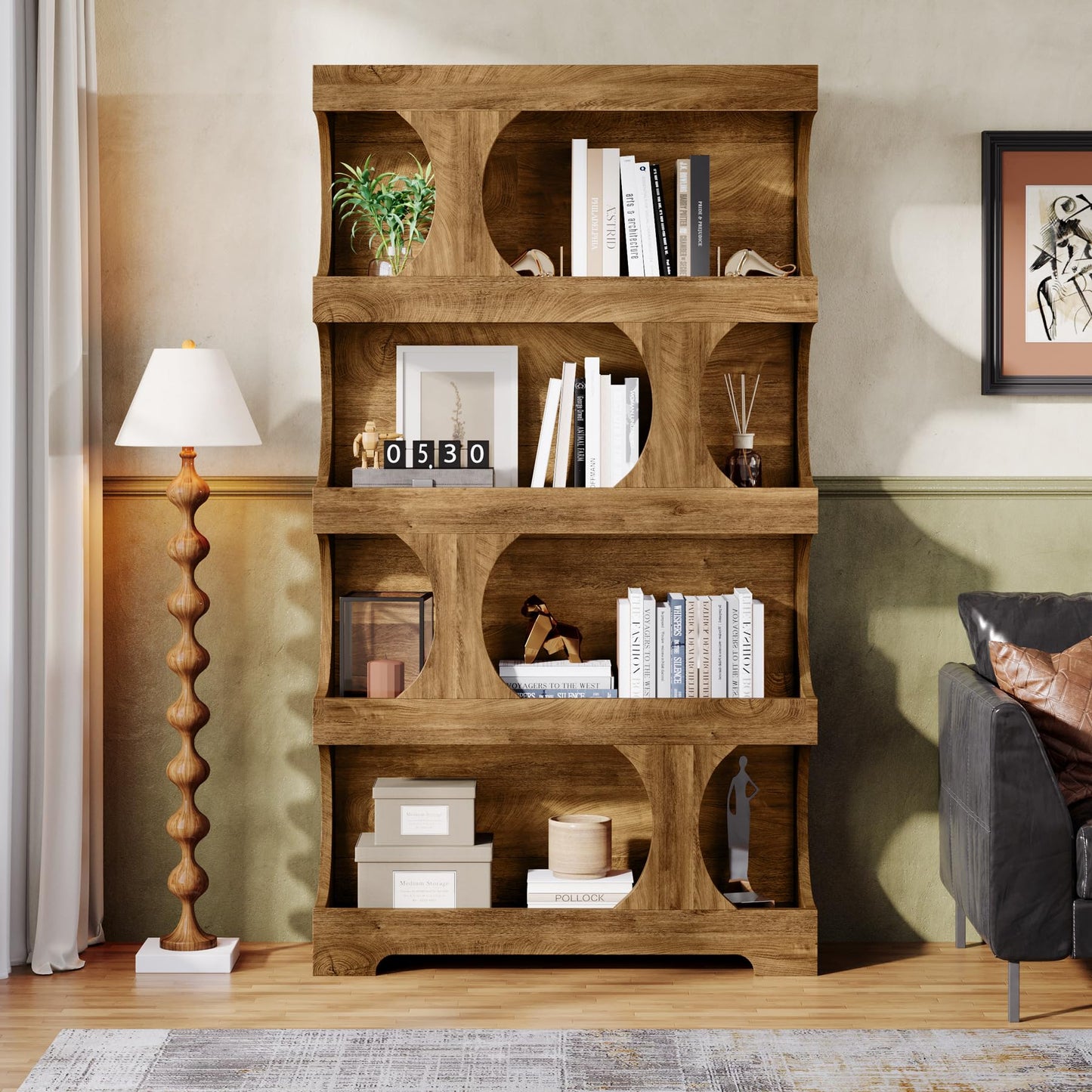 71"Tall Bookcase, 4-Tier S-Shaped Bookshelf, Wood Decorative Storage Shelving, Modern Freestanding Display Shelves