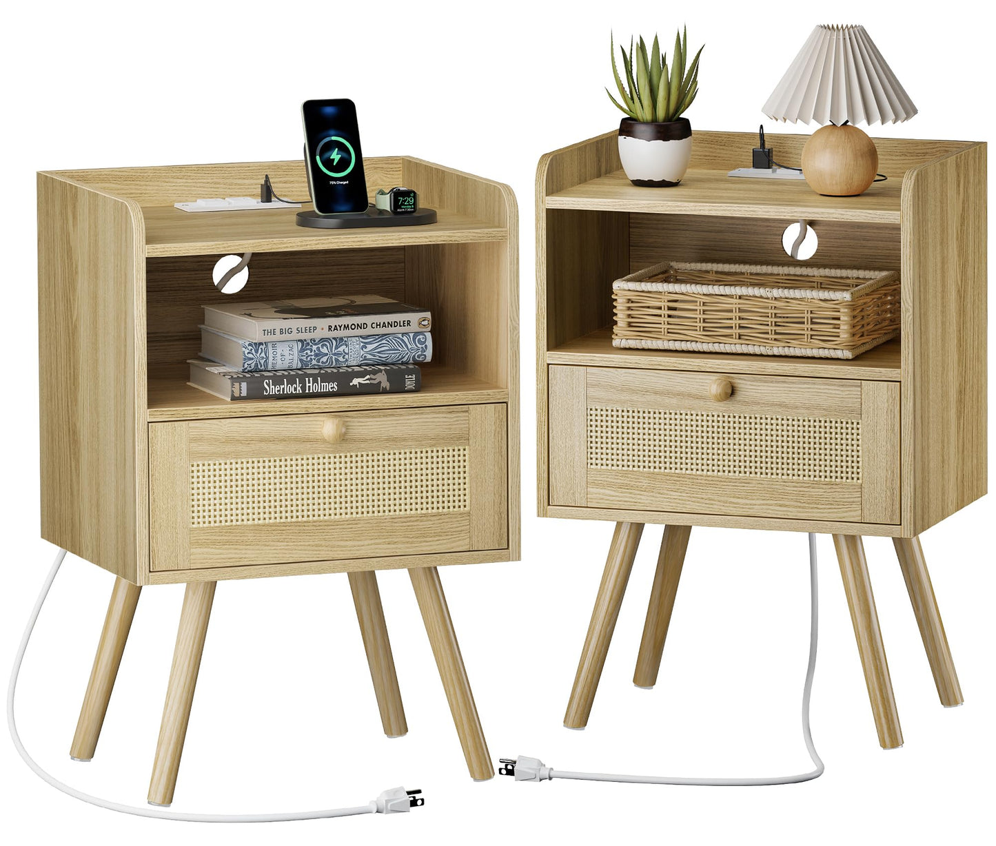 SUPERJARE Nightstands Set of 2, Night Stands with Charging Station & PE Rattan Decor Drawer, Bed Side Tables with Solid Wood Feet, End Table, for Bedroom, Living Room - Natural