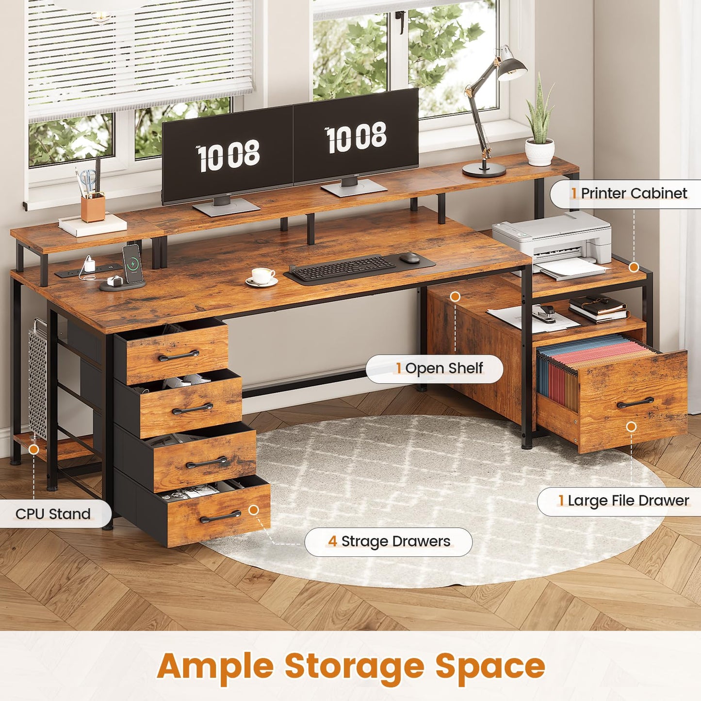 SEDETA Home Office Desk with File Drawer & Power Outlet, 66'' Computer Desk with 5 Drawer, Storage Shelves, Printer Cabinet and Monitor Shelf, Gaming Desk with Led Lights, Rustic Brown