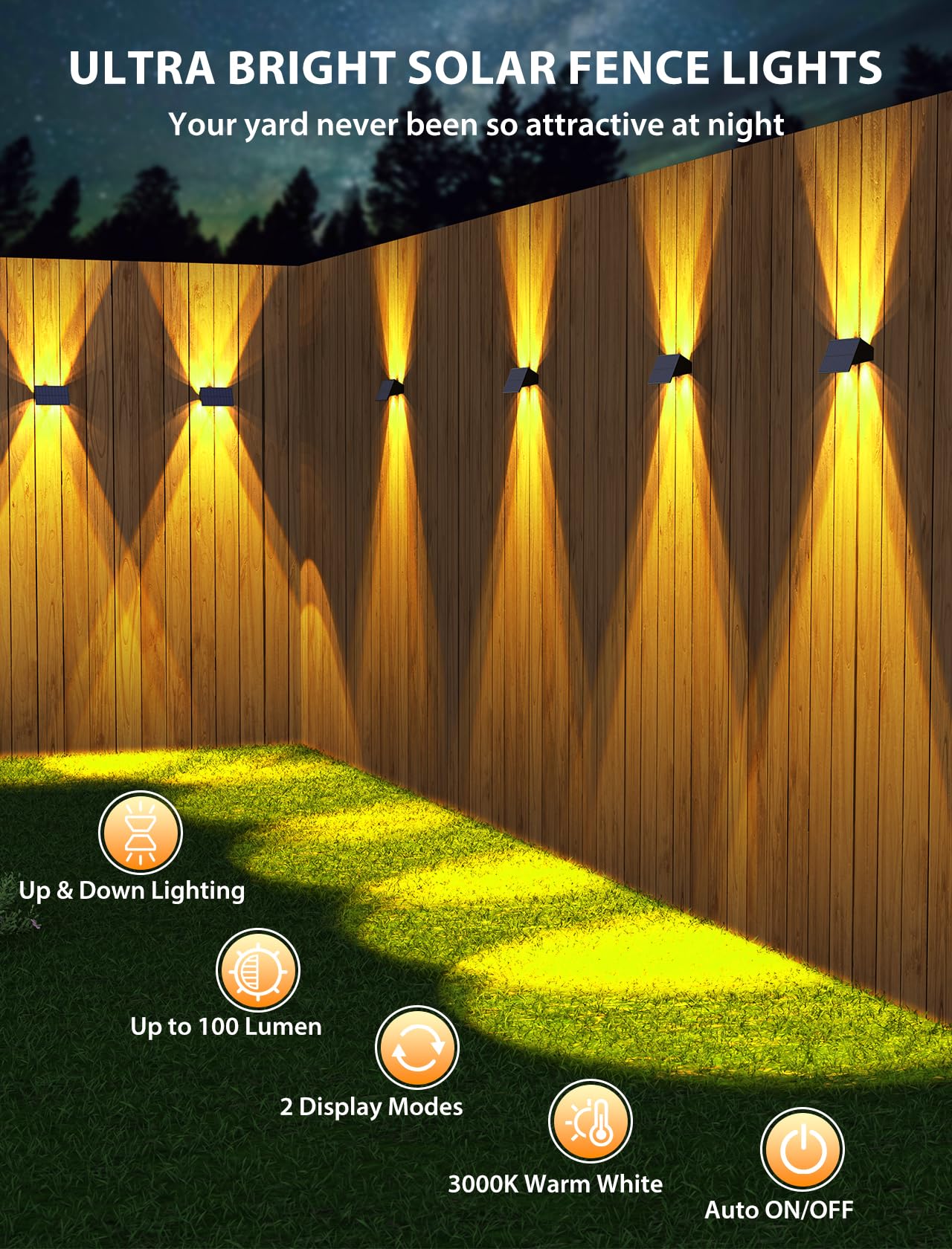 Solar Fence Lights,6Pack Solar Lights Outdoor Warm White + RGB Up & Down Waterproof 100 Lumens Dusk to Dawn Large Solar Wall Lights for Backyard/Pool/Railing/Patio/Porch/Step/Wall