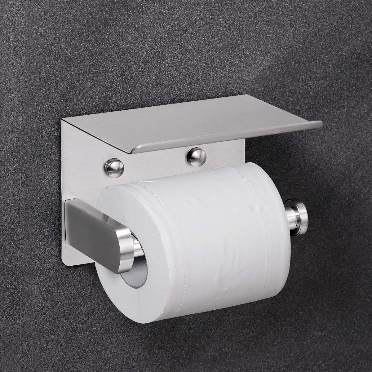 VAEHOLD Self Adhesive Toilet Paper Holder with Phone Shelf Stainless Steel Wall Mounted Toilet Paper Roll Holder - Rustproof and Bathroom Washroom Tissue Roll Holder with Shelf - Black
