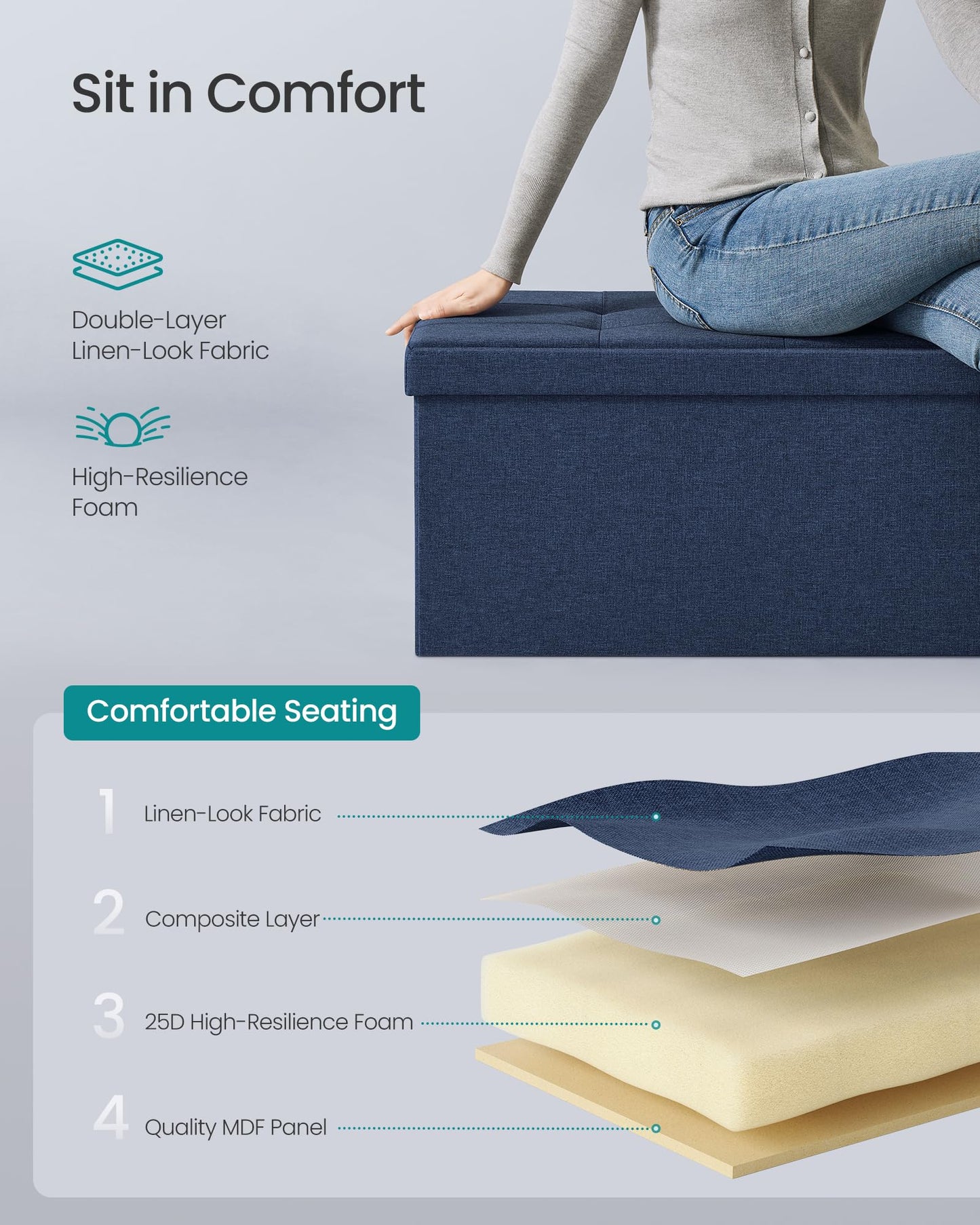 SONGMICS MAZIE Collection - 43 Inches Folding Storage Ottoman Bench, Ottoman Foot Rest, End of Bed Bench, Storage Chest, Load 660 lb, for Living Room, Bedroom, Entryway, Midnight Blue ULSF77IN