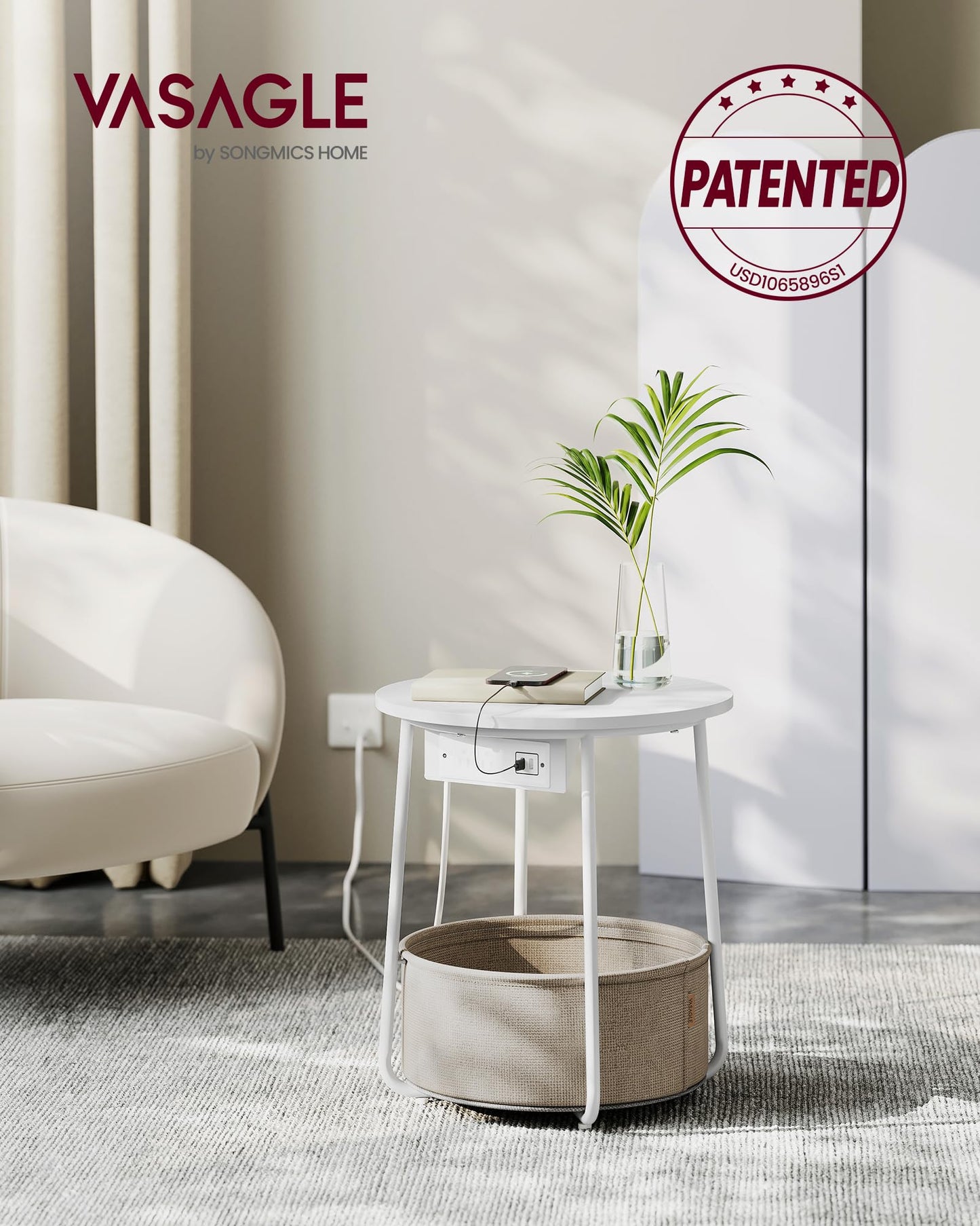 VASAGLE Side Table with Charging Station, Round End Table With Fabric Basket, Nightstand with Power Outlets USB Ports, for Living Room, Bedroom, Modern, Ebony Black and Slate Gray ULET228B01