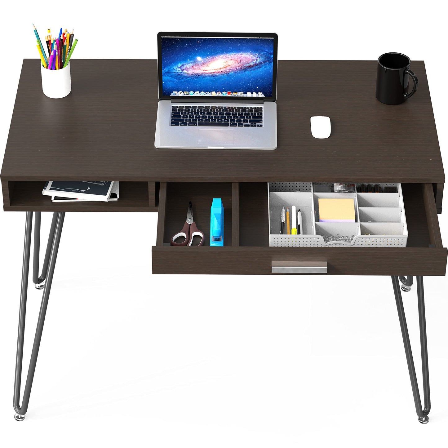 SHW Home Office Computer Hairpin Leg Desk with Drawer, Rustic Brown