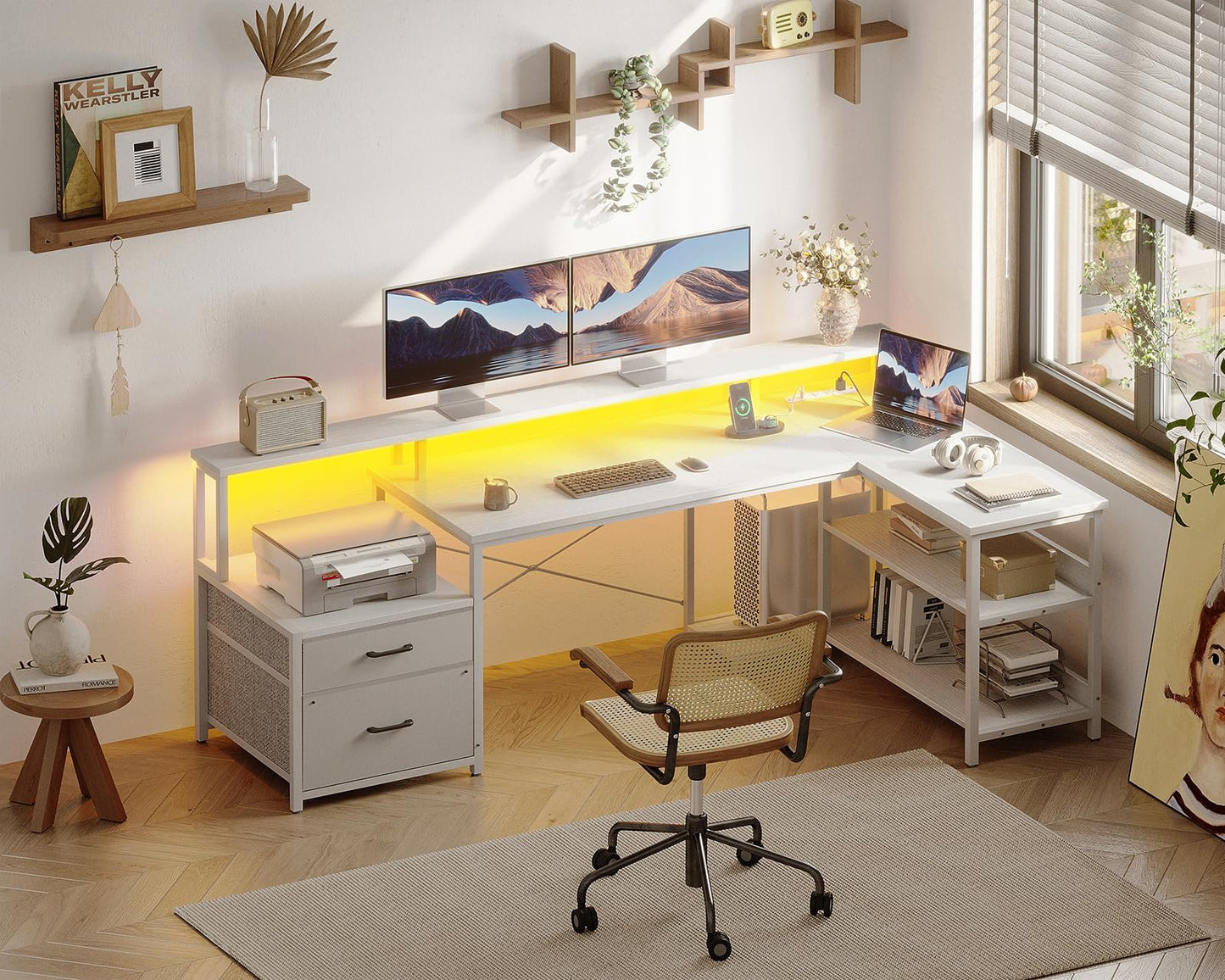 ODK L Shaped Desk with File Drawer, 75" Reversible L Shaped Computer Desk with Power Outlet & LED Strip, Office Desk with Storage Shelves, Gaming Desks with Monitor Shelf, Corner Table, Grey Oak