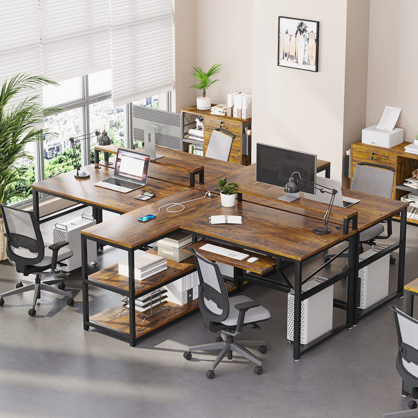SEDETA 94.5" Home Office Desks, Computer Gaming Desk with Storage, LED Lights, Power Strip with USB, Keyboard Tray & Monitor Stand, Extra Long Double Desk for 2 Person