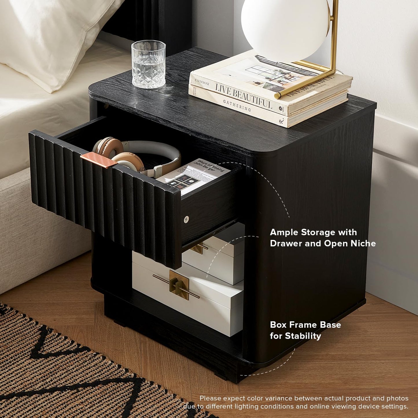 mopio Brooklyn Night Stand, Modern Farmhouse Nightstand, Small Side, Bedside Table with Drawer, End Table with Storage (Black Oak, Single)