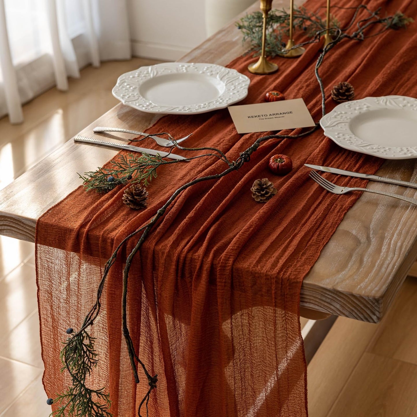Keketo Fall Table Runner Terracotta Rust Gauze 120 Inch 10 FT Rustic Burnt Orange Cheese Cloth for Wedding Baby Bridal Shower Party Centerpiece Sheer Thanksgiving Fall Decorations