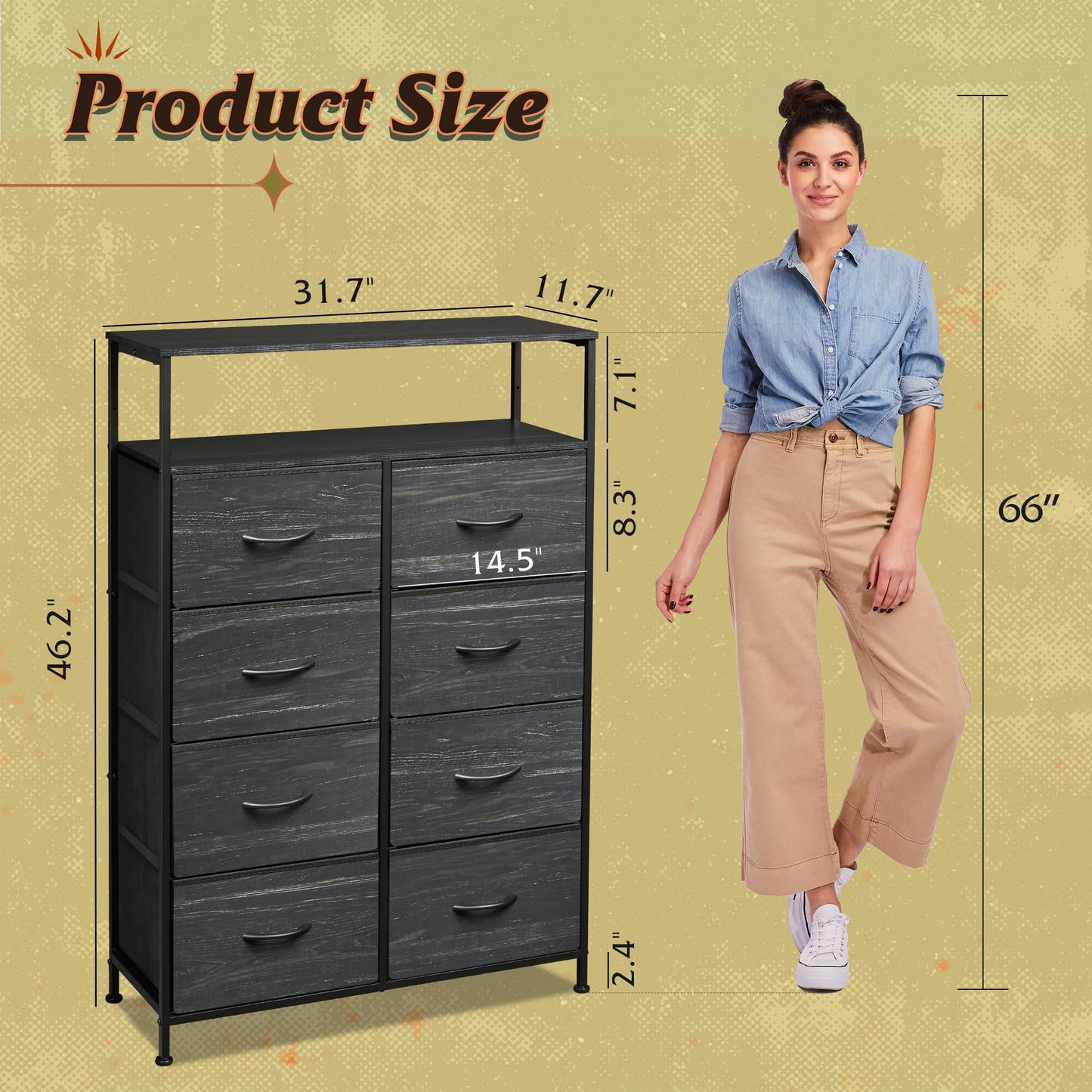 Fabric Dresser for Bedroom, Tall Dresser with 8 Drawers, Storage Tower with Fabric Bins, Double Dressers, Chest of Drawers for Closet, Living Room, Hallway, Dorm, Rustic Brown Wood Grain Print