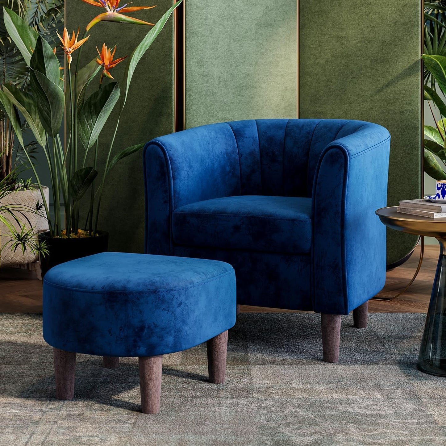 LINSY Accent Chair with Ottoman, Modern Barrel Chair Comfy Armchair with Footrest