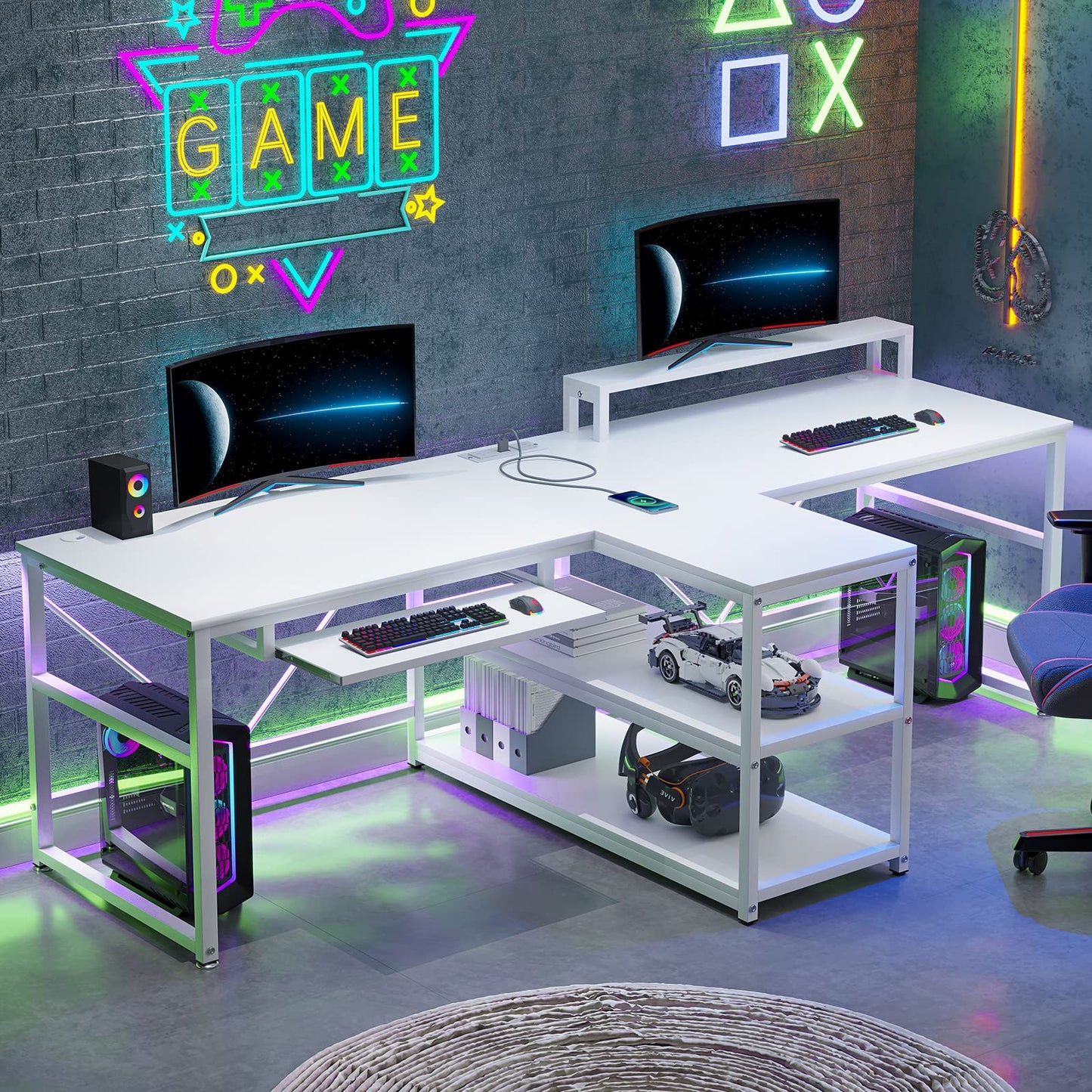SEDETA 94.5" Home Office Desks, Computer Gaming Desk with Storage, LED Lights, Power Strip with USB, Keyboard Tray & Monitor Stand, Extra Long Double Desk for 2 Person