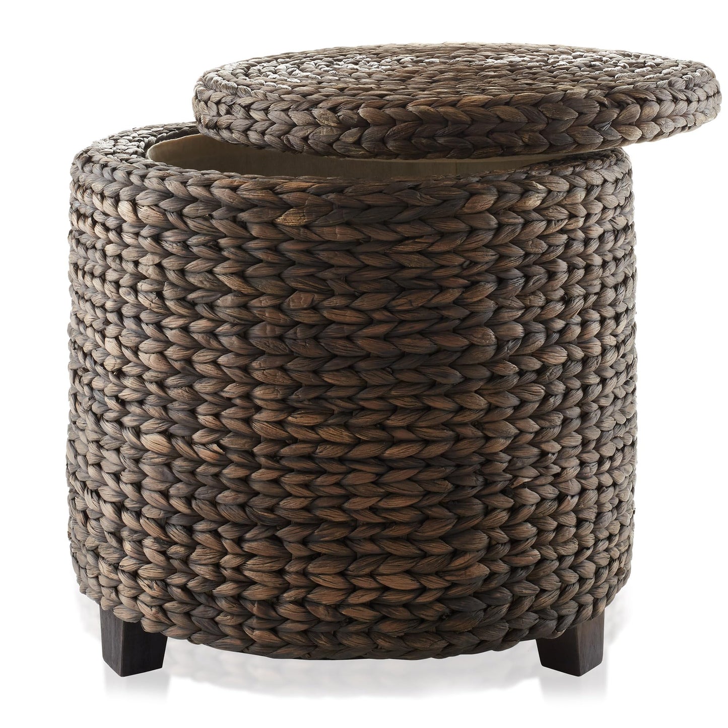 Round Storage Ottoman with Lid - Whitewash, Handwoven Water Hyacinth Footstool for Living Room, Bedroom