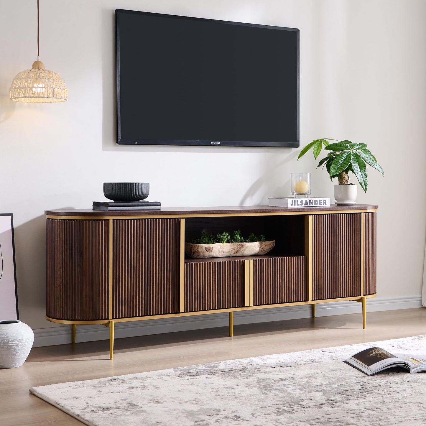 OKD Luxury 70" Fluted TV Stand, Modern Chic Entertainment Center for TVs Up to 80 inches, TV Console with Faux Marble Top, Curved Profile Design, Media Console for Living Room, Navy Blue