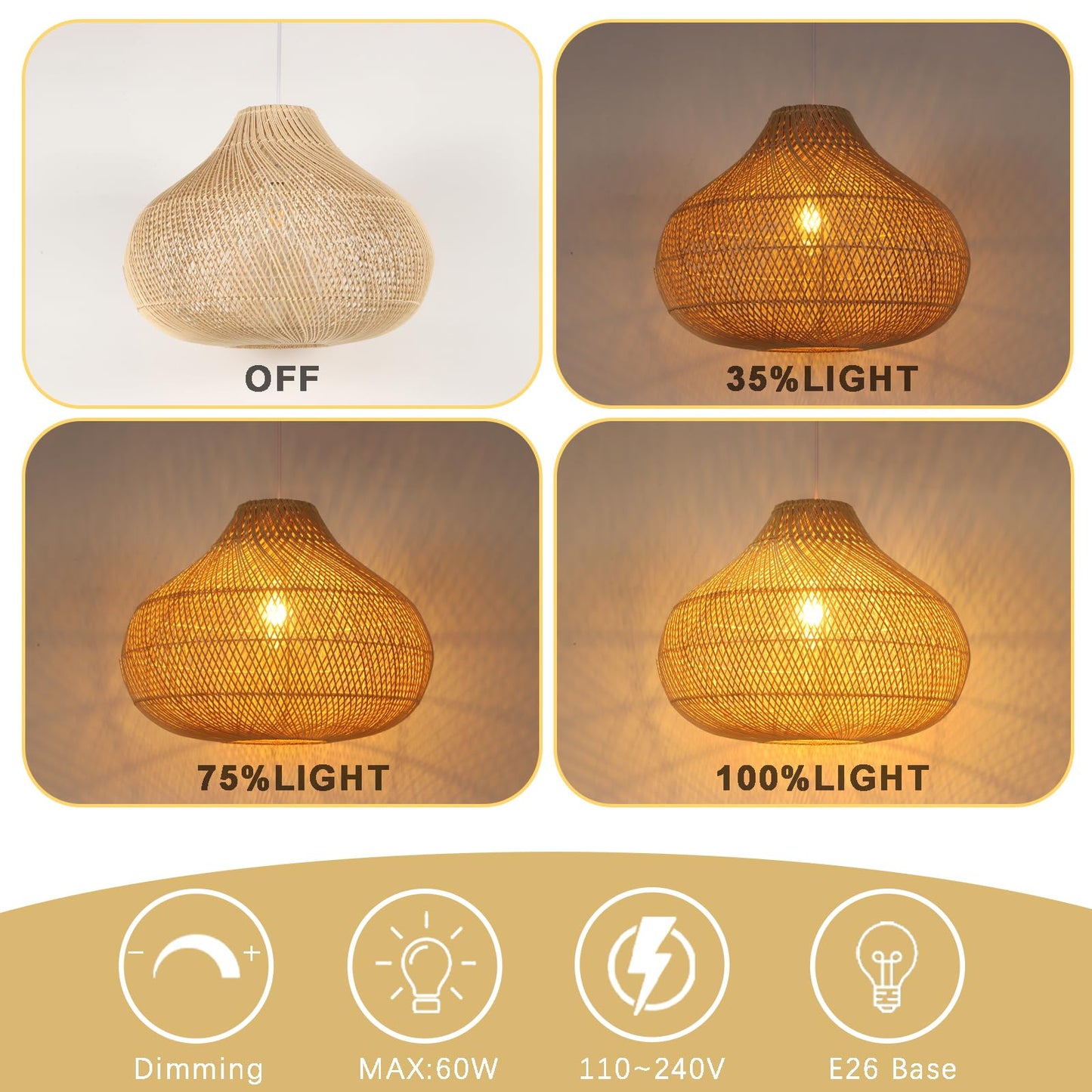Rattan Pendant Lights, Large Wicker Chandelier Hand-Woven Boho Pendant Light Rattan Basket Hanging Light