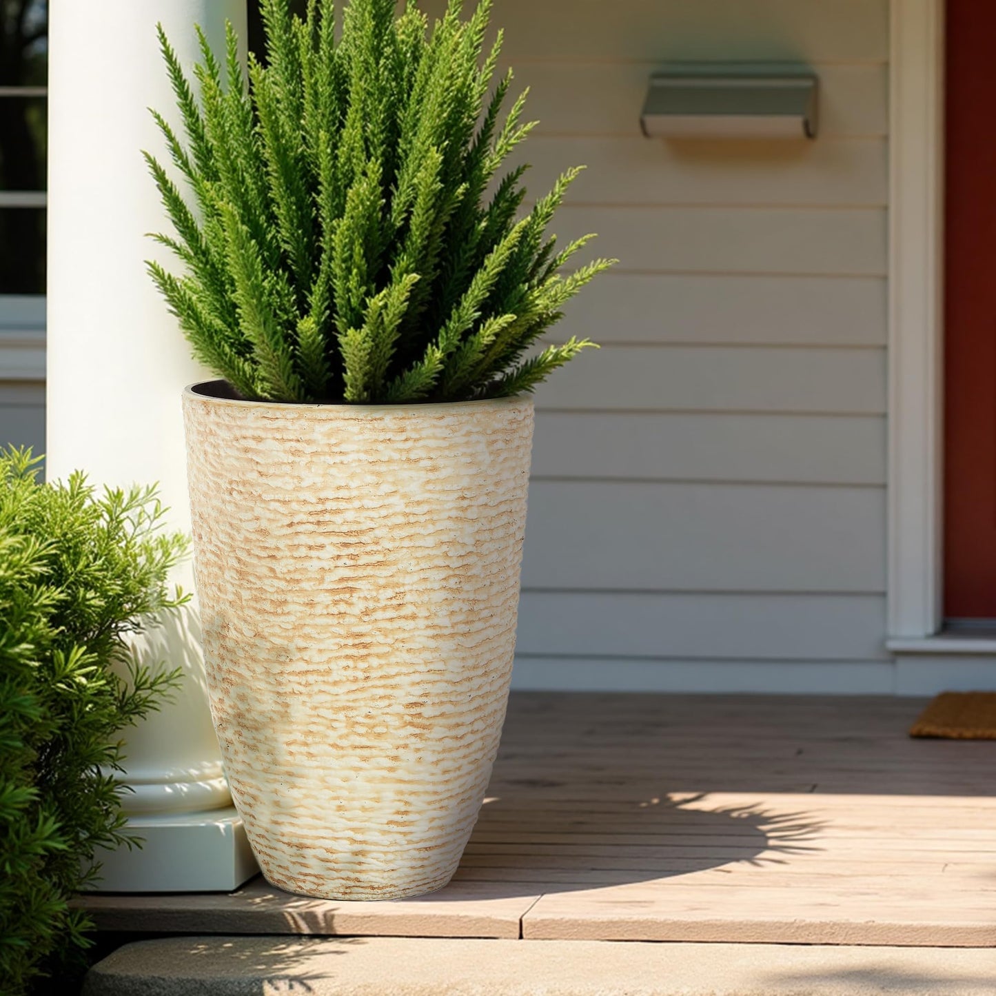 Tall Round Planters Set of 2-14" Dia x 21" H Stone Finish Flower Pots Indoor Decorative Container Garden Patio Unbreakable Beige
