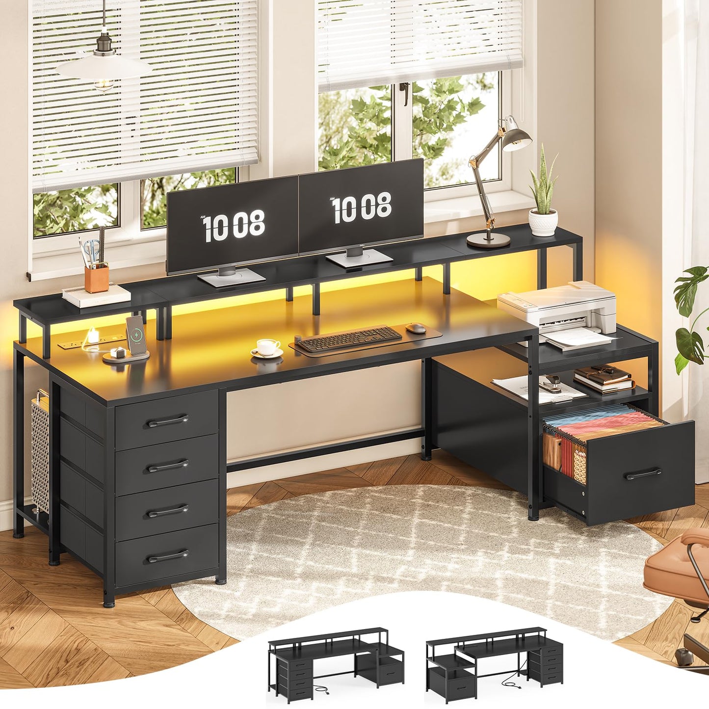 SEDETA Home Office Desk with File Drawer & Power Outlet, 66'' Computer Desk with 5 Drawer, Storage Shelves, Printer Cabinet and Monitor Shelf, Gaming Desk with Led Lights, Rustic Brown