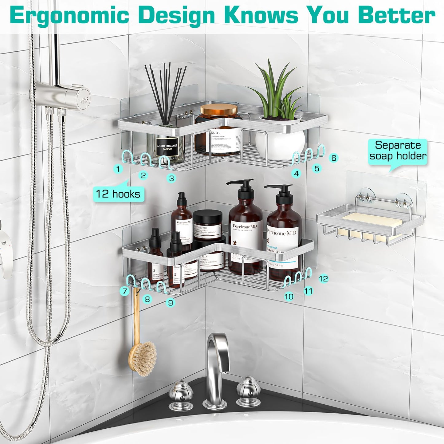 YASONIC Corner Adhesive Shower Caddy, with Soap Holder and 12 Hooks, Rustproof Stainless Steel Bathroom Organizer, No Drilling Wall Mounted Rack, Black, 3-Pack