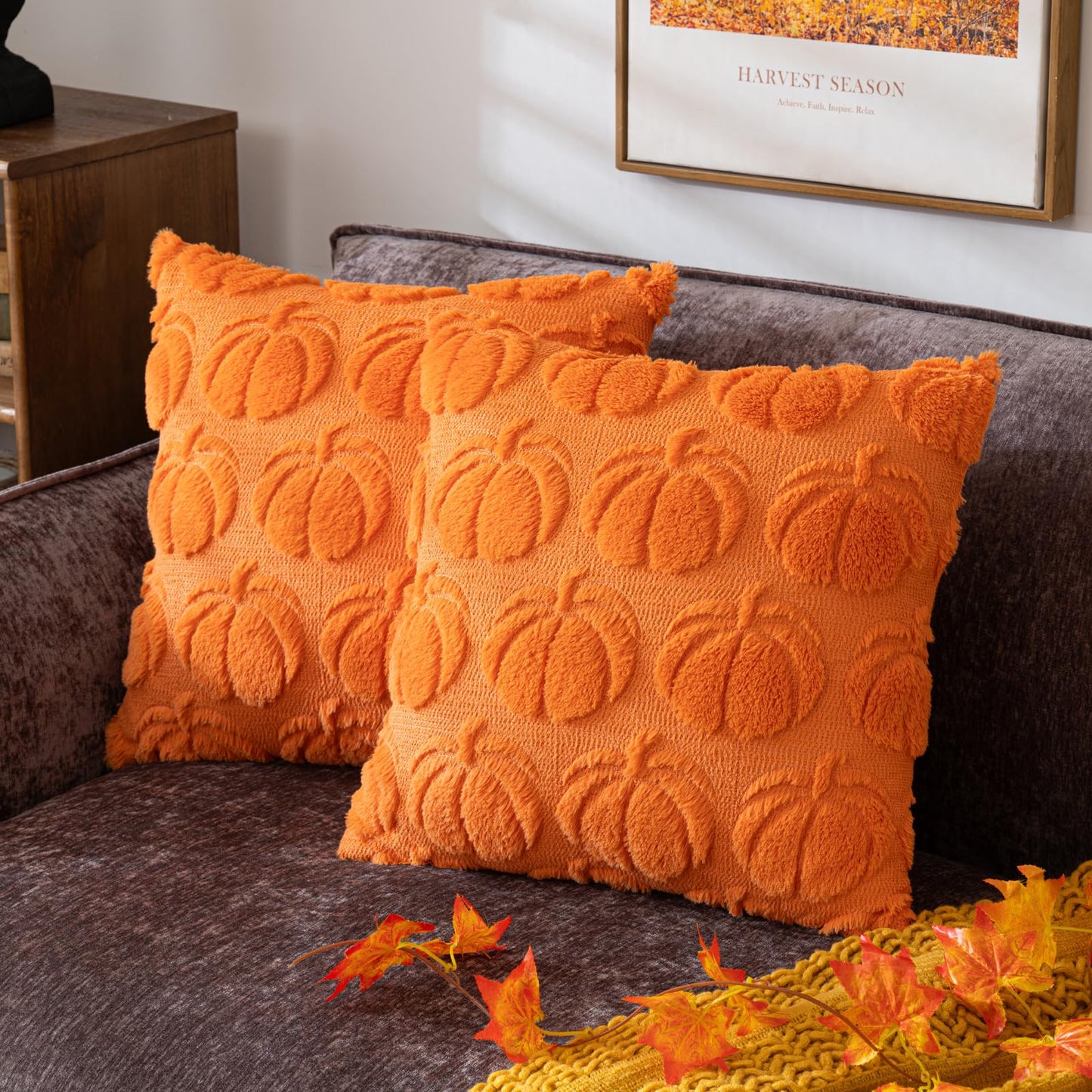 Pumpkin Fall Decorative Throw Pillow Covers 18"x18", Set of 2 Rust Red Soft Faux Fur