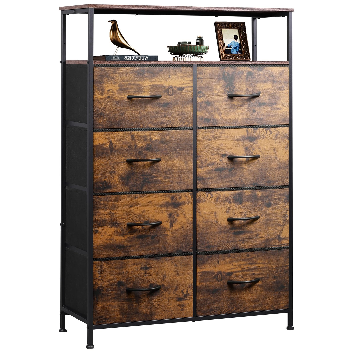 Fabric Dresser for Bedroom, Tall Dresser with 8 Drawers, Storage Tower with Fabric Bins, Double Dressers, Chest of Drawers for Closet, Living Room, Hallway, Dorm, Rustic Brown Wood Grain Print