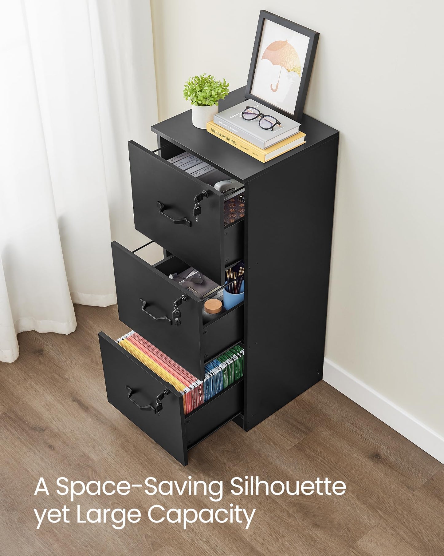 VASAGLE 3-Drawer Vertical File Cabinet, Rustic Brown and Black, for Home Office and Bedroom, A4 and Letter-Size Files, Lockable Drawers