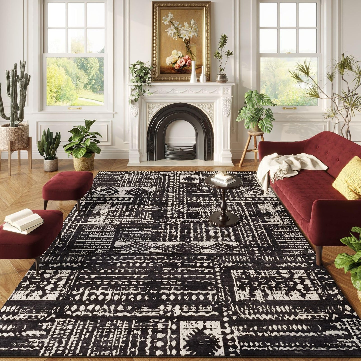 Washable Rug Boho Soft Abstract Pattern Non-Slip Area Rug 5x7 Non-Shedding Faux Wool Vintage