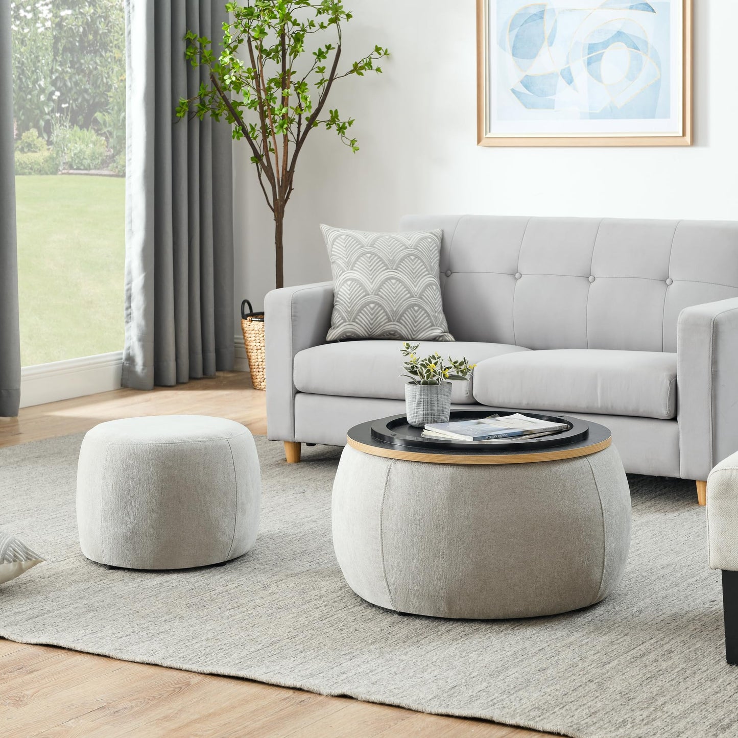 2-Piece Set Round Chenille Storage Ottoman, Equipped with a Drum Shaped Small Stool, Storage Space