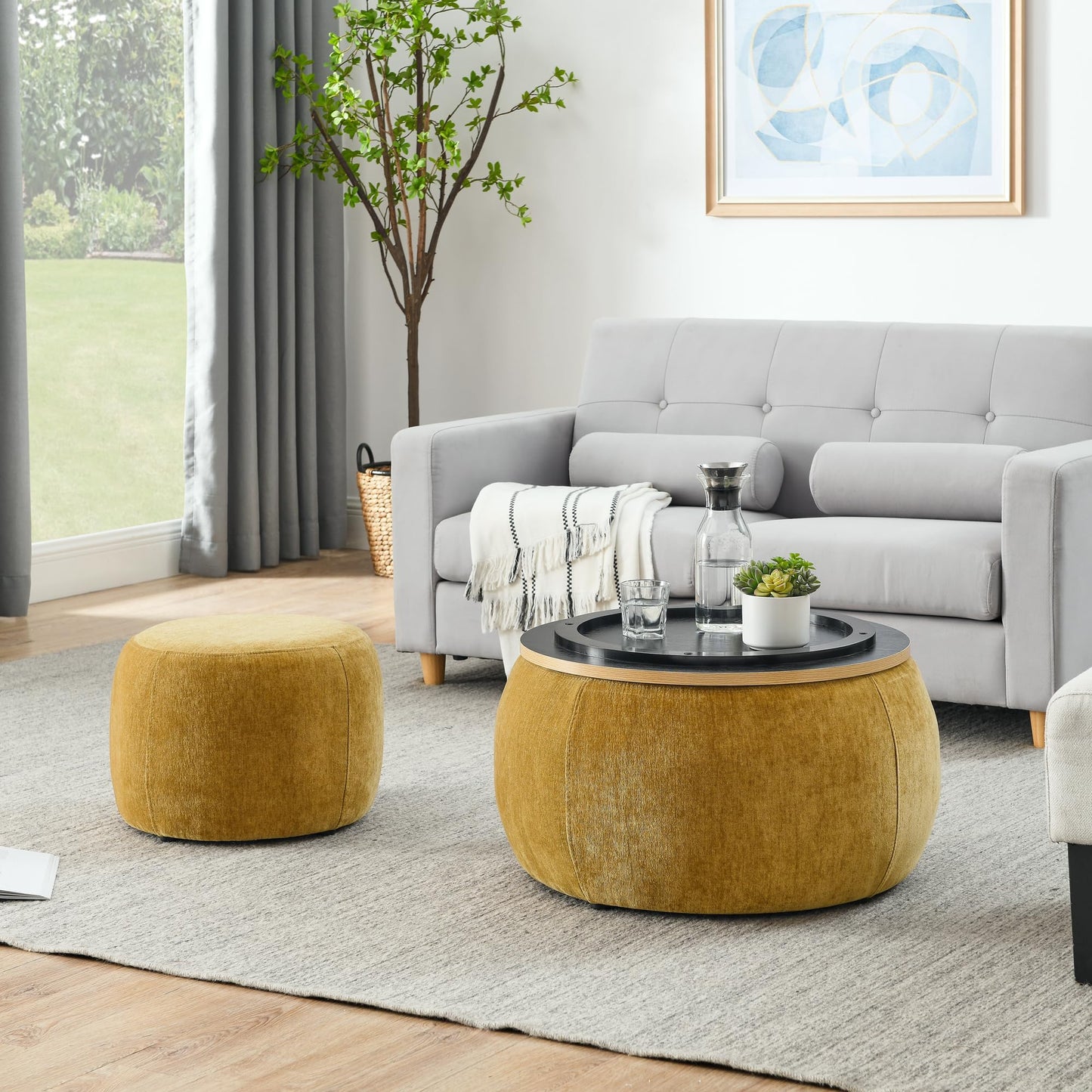 2-Piece Set Round Chenille Storage Ottoman, Equipped with a Drum Shaped Small Stool, Storage Space