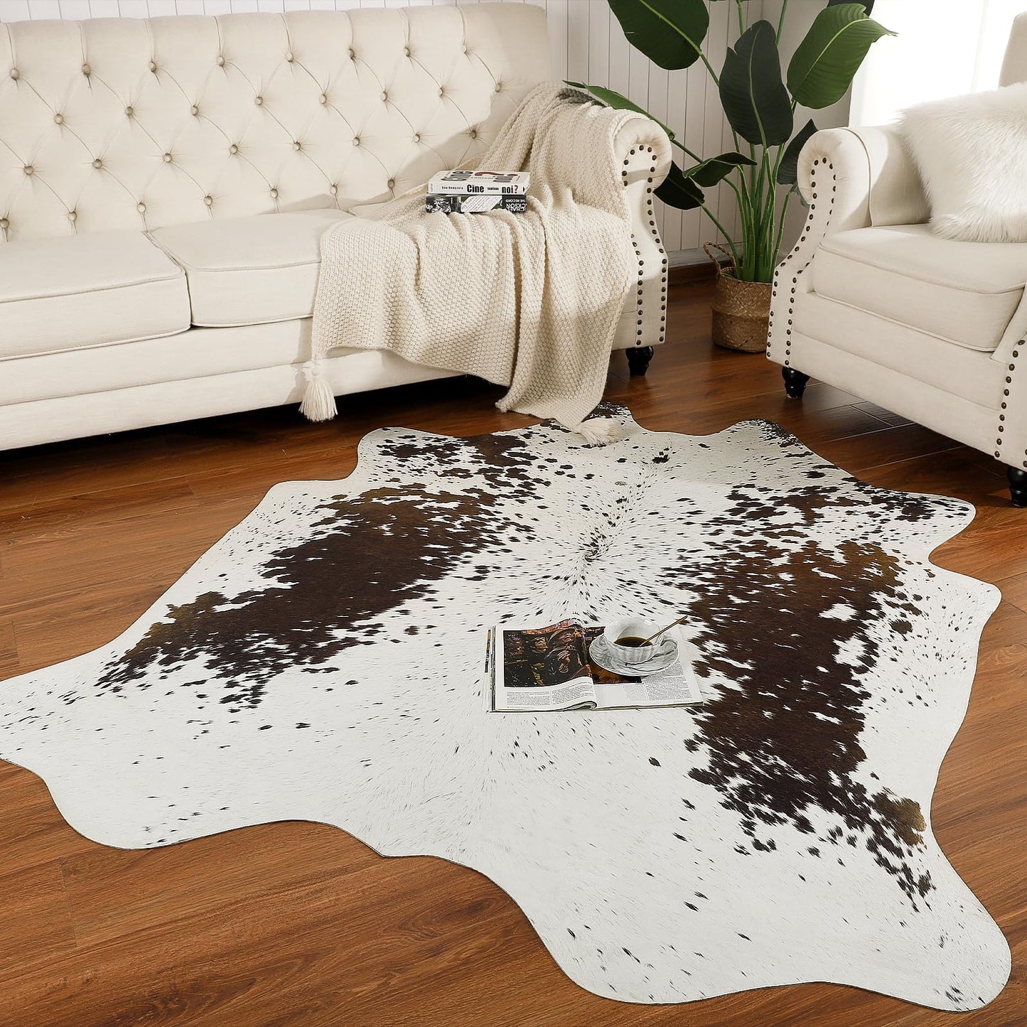 AROGAN Premium Faux Cowhide Rug 4.6 x 5.2 Feet, Sturdy and Large Size Cow Print Rugs, Suitable for Bedroom Living Room Western Decor