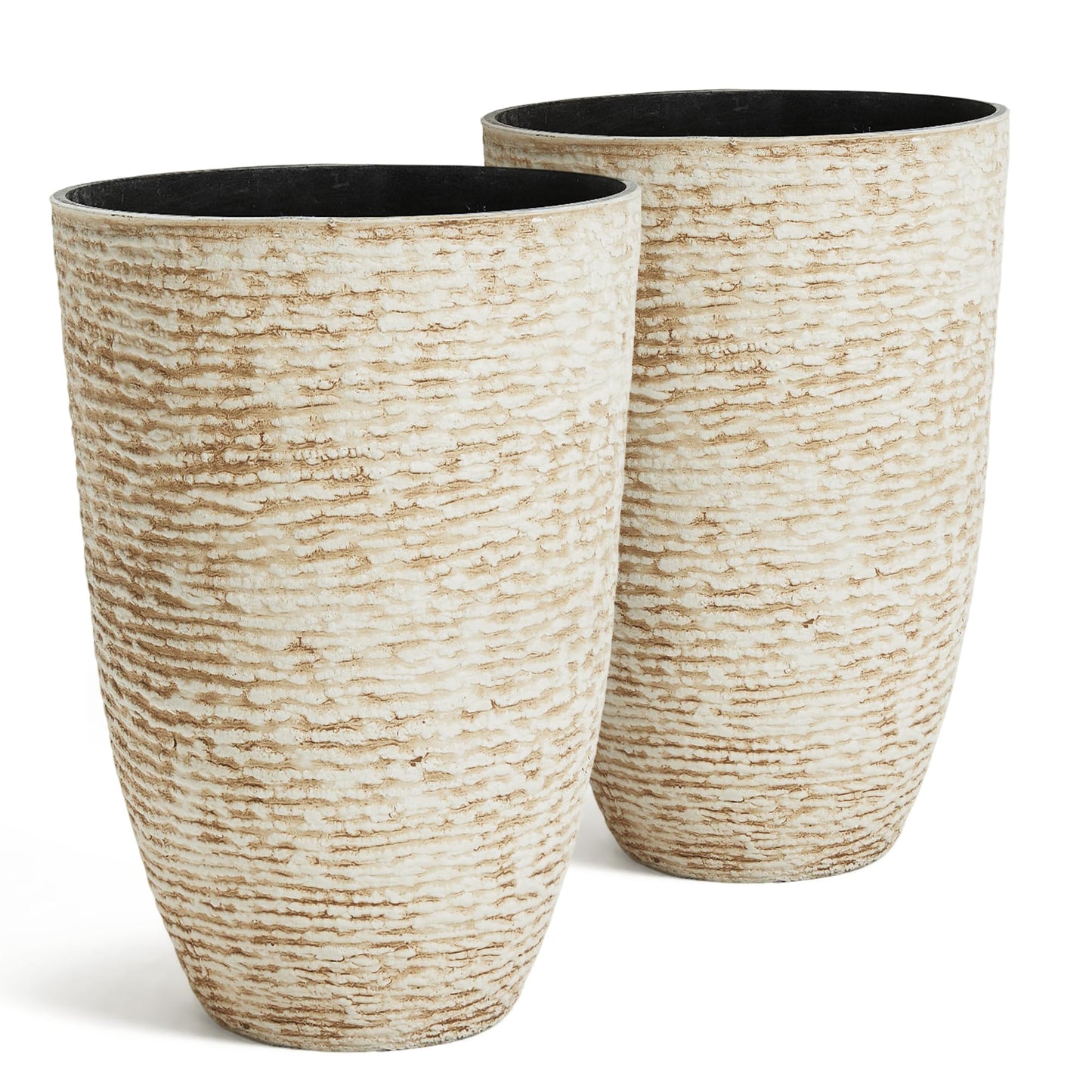 Tall Round Planters Set of 2-14" Dia x 21" H Stone Finish Flower Pots Indoor Decorative Container Garden Patio Unbreakable Beige