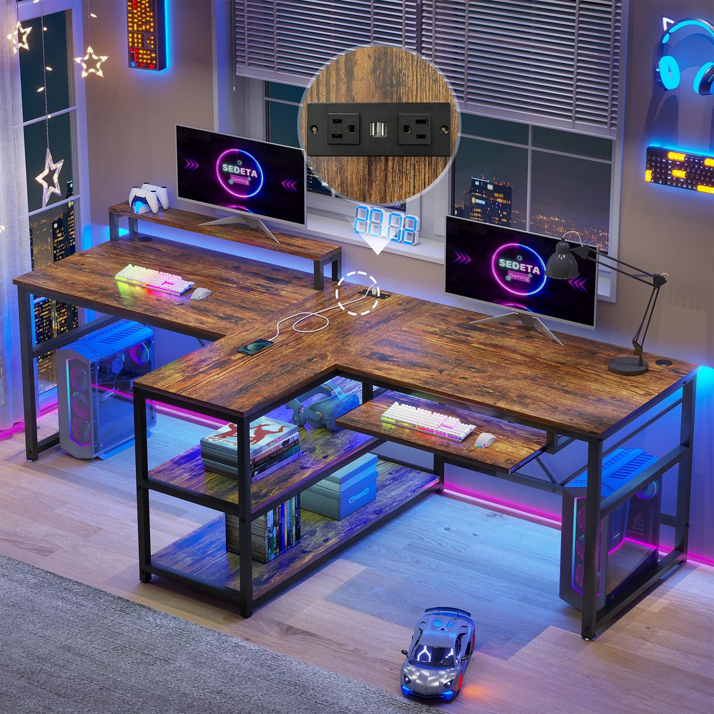 SEDETA 94.5" Home Office Desks, Computer Gaming Desk with Storage, LED Lights, Power Strip with USB, Keyboard Tray & Monitor Stand, Extra Long Double Desk for 2 Person