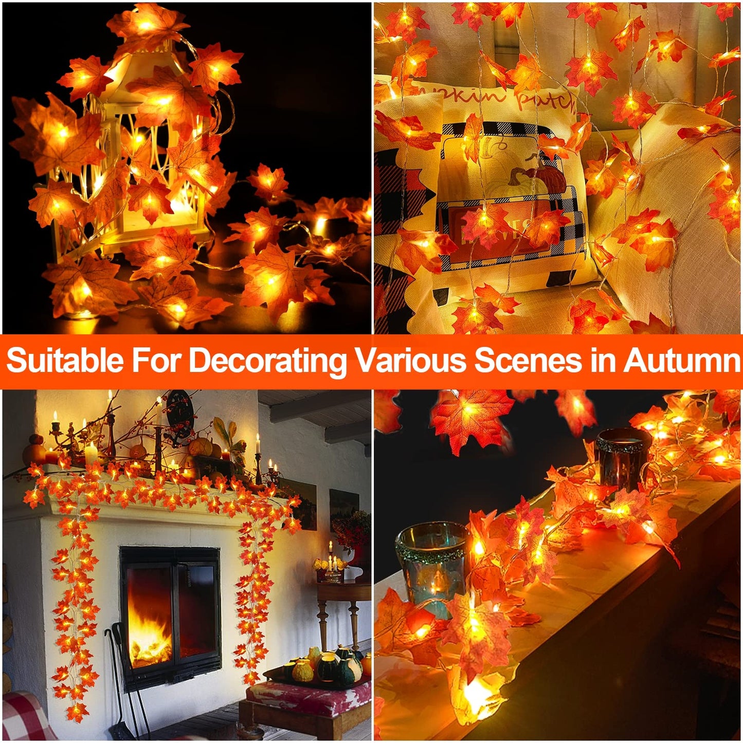 TURNMEON 2 Pack Fall Decor Enlarged Maples Leafed Halloween Fall Decorations for Home Fall Lights Thick Leafs Garlands, Total 20Ft 40LED Battery Operated Waterproof Thanksgiving Decor Indoor Outdoor